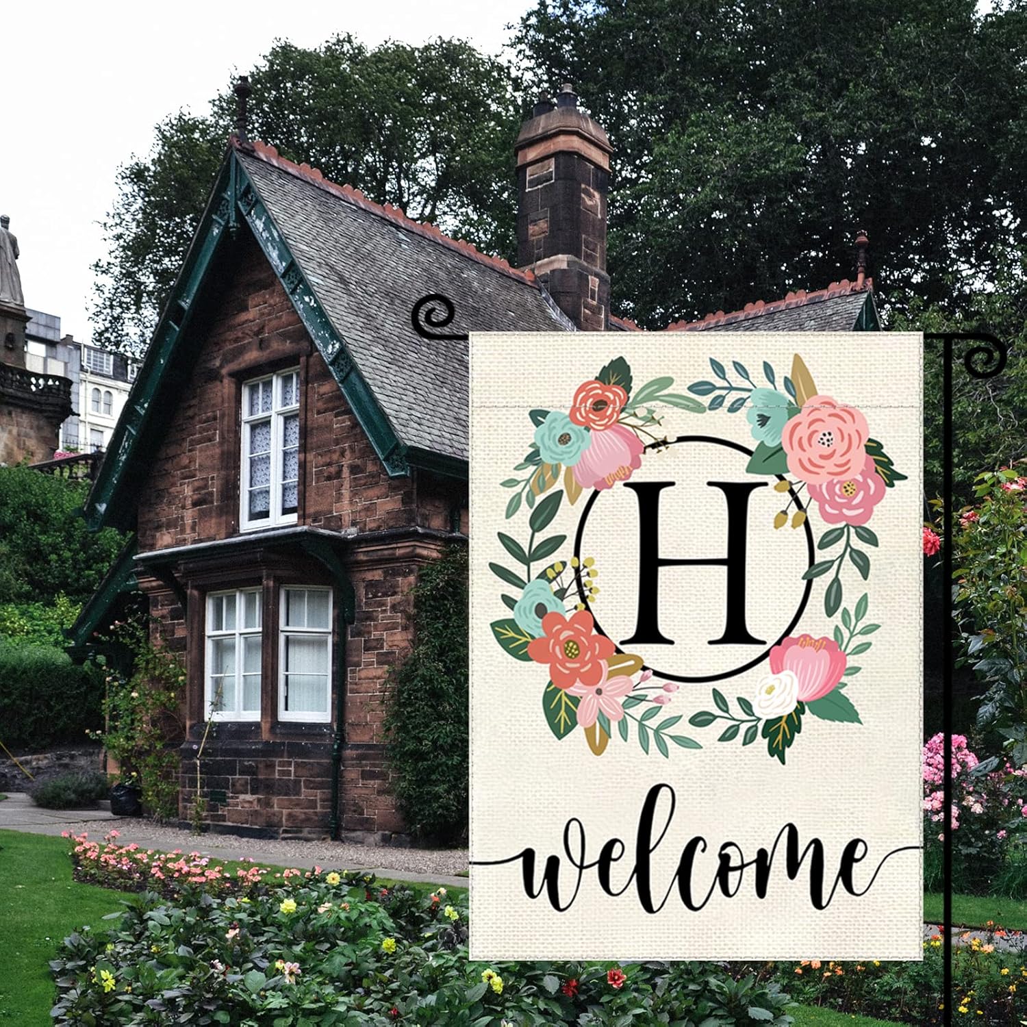 Monogram Letter Garden Flag Floral 12x18 Inch Double Sided for Outside Small Burlap Family Last Name Initial Yard Flag (H) - Image 6