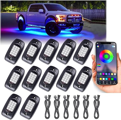 RGB LED Rock Lights Underbody Wireless APP Music Chasing Offroad ATV 12V 12 Pods w/6PCS Cables de extensión