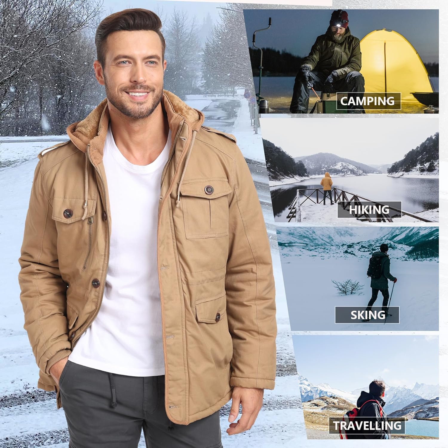 CHEXPEL Men's Winter Jackets with Hood Cotton Military Jackets Fleece Lined Thick Work Coats with Cargo Pockets - Image 6