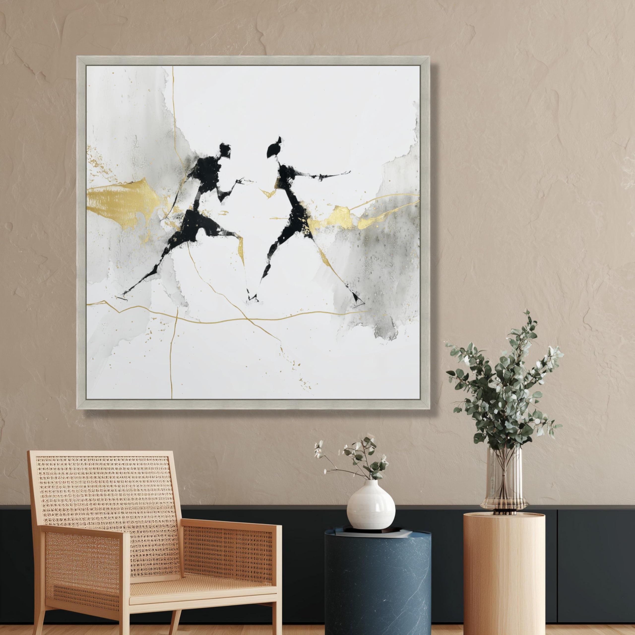 XINBAO Obraz na płótnie z pojedynkiem szermierkowym, czarny złoty obraz ścienny minimalistyczna sylwetka sportowa dekoracja domu, gotowy do powieszenia obraz (65 x 65 cm/wewnętrzna rama)