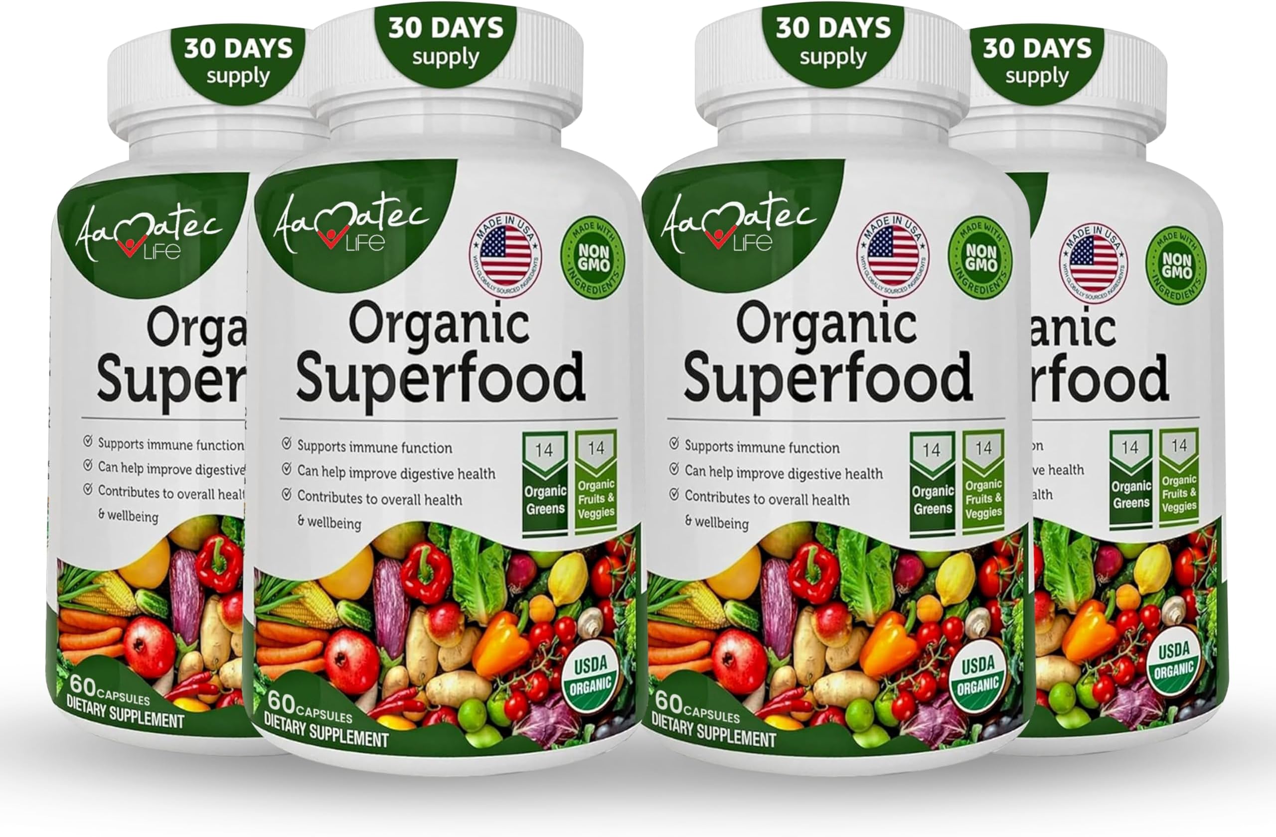 Organic Superfood Greens Fruits and Veggies Complex - Best Dietary Supplement with 14 Greens and 14 Fruits & Vegetables with Alfalfa & Antioxidant Organic Ingredients Non-GMO 240 Capsules