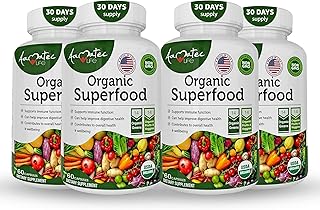 Organic Superfood Greens Fruits and Veggies Complex - Best Dietary Supplement with 14 Greens and 14 Fruits & Vegetables with Alfalfa & Antioxidant Organic Ingredients Non-GMO 240 Capsules