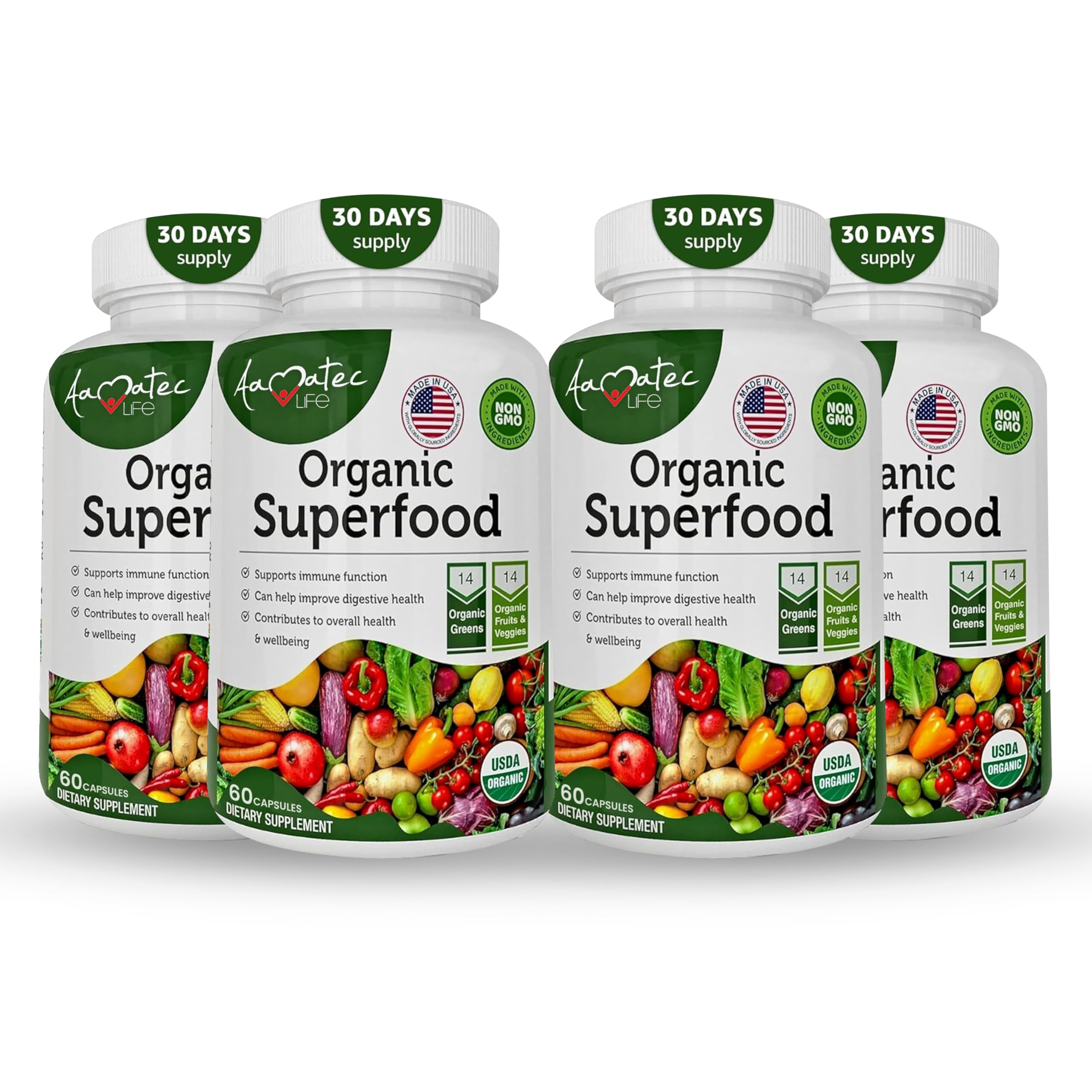 Organic Superfood Greens Fruits and Veggies Complex - Best Dietary Supplement with 14 Greens and 14 Fruits & Vegetables with Alfalfa & Antioxidant Organic Ingredients Non-GMO 240 CapsulesUSDA Organic