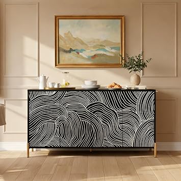 59" Sea Wave Texture 4-Door Sideboard Buffet Cabinet with 2 Adjustable Shelves, Modern Storage Credenza with Metal Legs for Dining Room, Kitchen & Entryway, Black