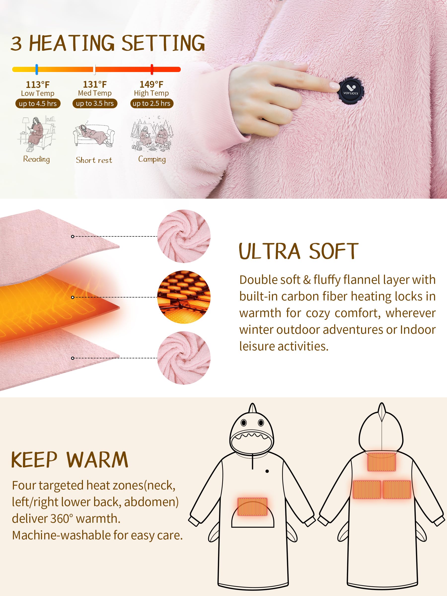 Beheizte Hoodie Decke mit Ärmeln,Heizdecke mit Ärmeln Kabellos mit Akku,10000mAh,Geschenk für Frauen,Tragbare Decke zum Anziehen Erwachsene Kuscheldecke,Weihnachtsgeschenke für Freundin Mütter75*110cm