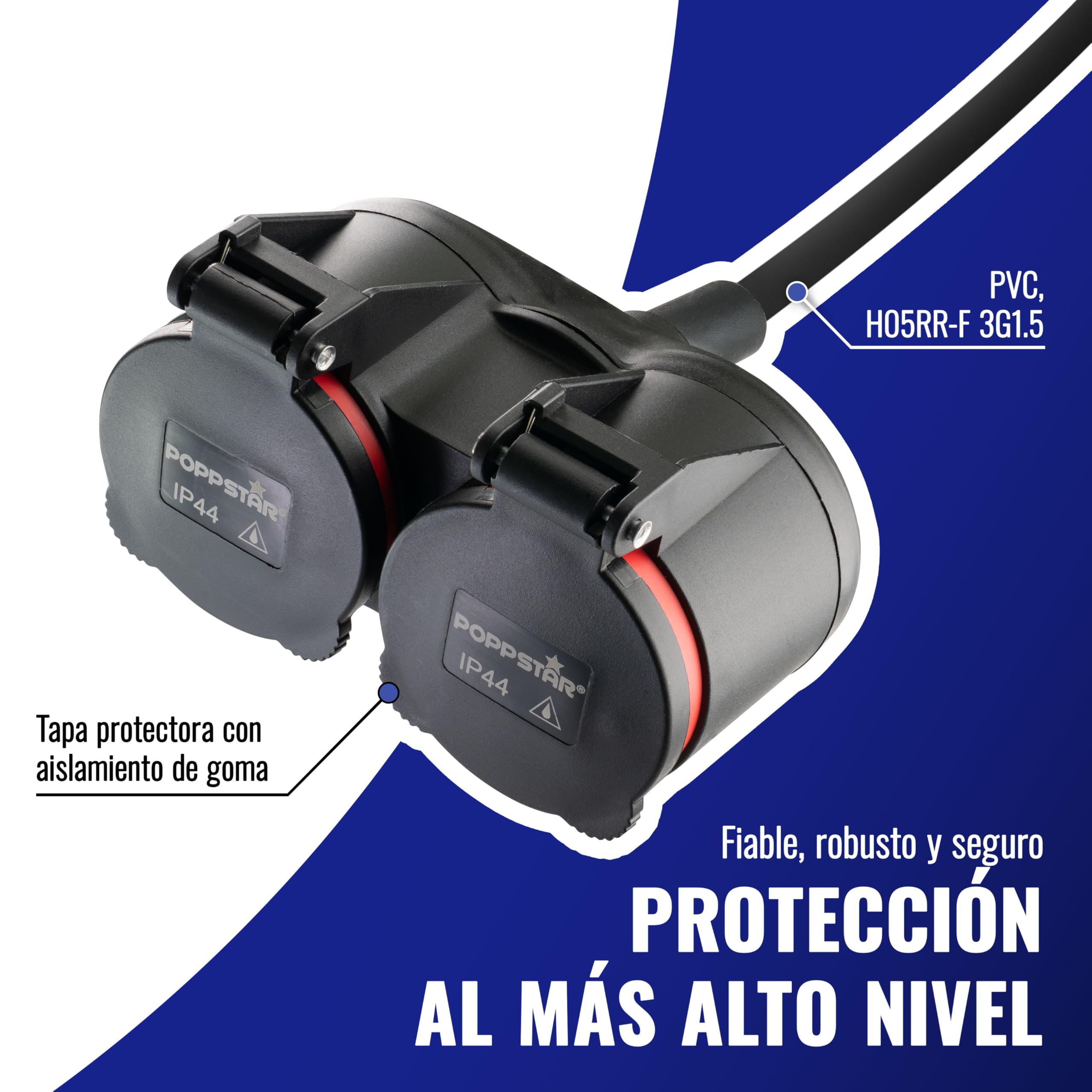 Poppstar Alargador Exterior 3 m (2 Tomas Schuko, IP44, 16A/3680W, H05RR-F 3G1.5), Negro/Rojo