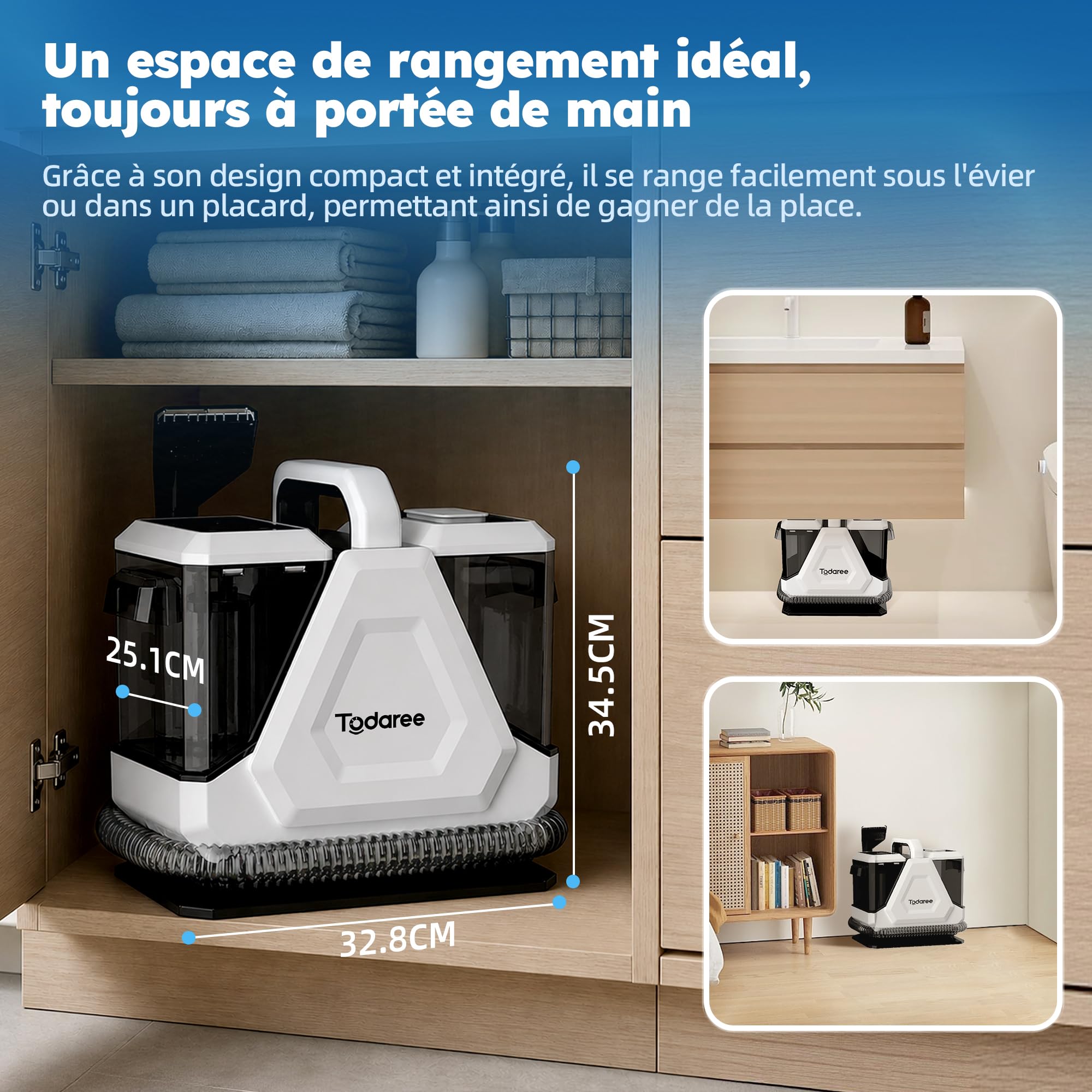 Nettoyeur Canapé et Moquette, Shampouineuse Tapis 14 kPa, Aspiration Puissante Eau Froide, Double Réservoir Auto-Nettoyant pour Siège Auto Matelas
