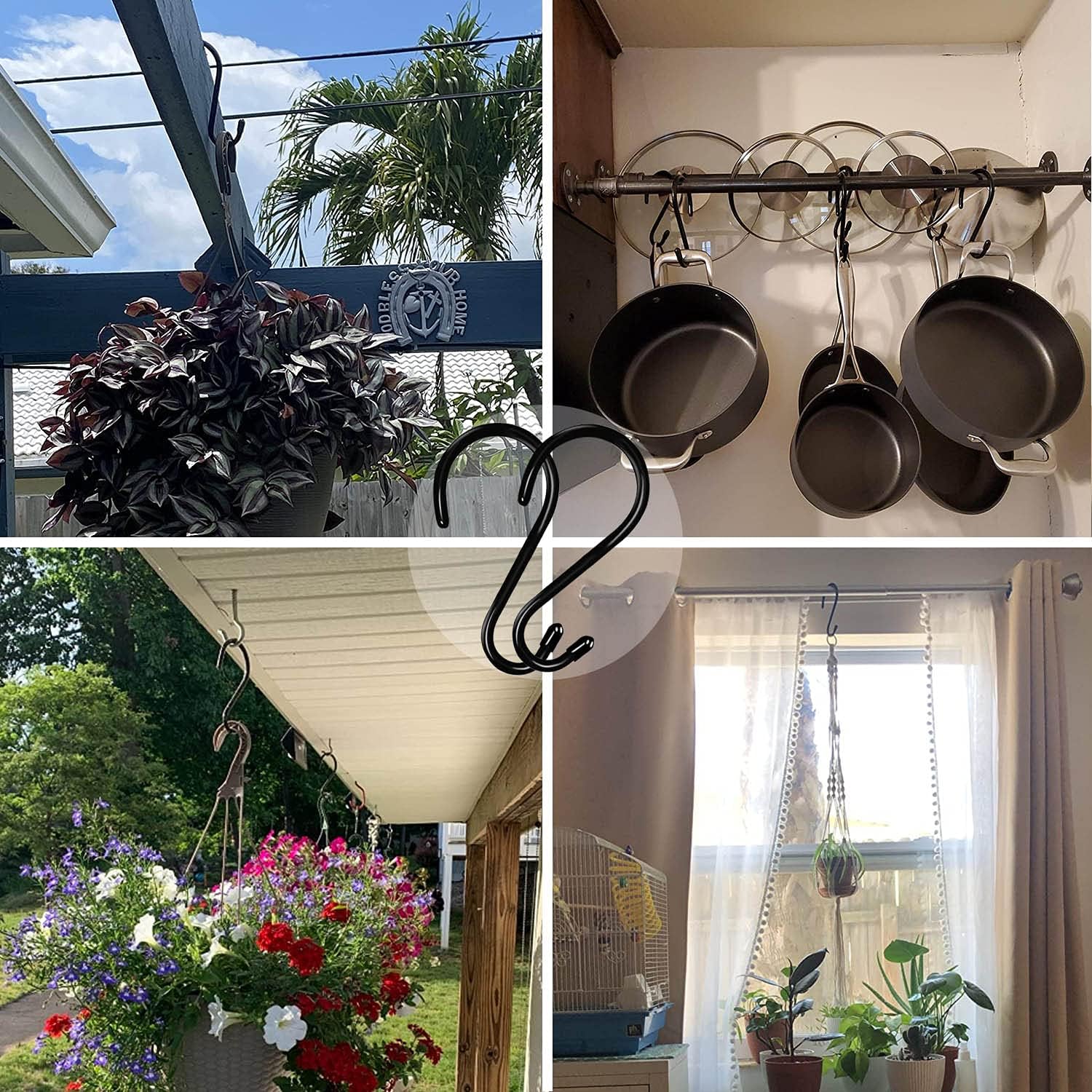 HiGift 6 Inch Large S Hooks for Hanging Plants, Non Slip Vinyl Coated S Hooks Heavy Duty, Metal Black Closet Hanger Hooks for Hanging Plant Jeans Pot Pan Clothes Purses Towel Bags Scarfs- 8 Pack