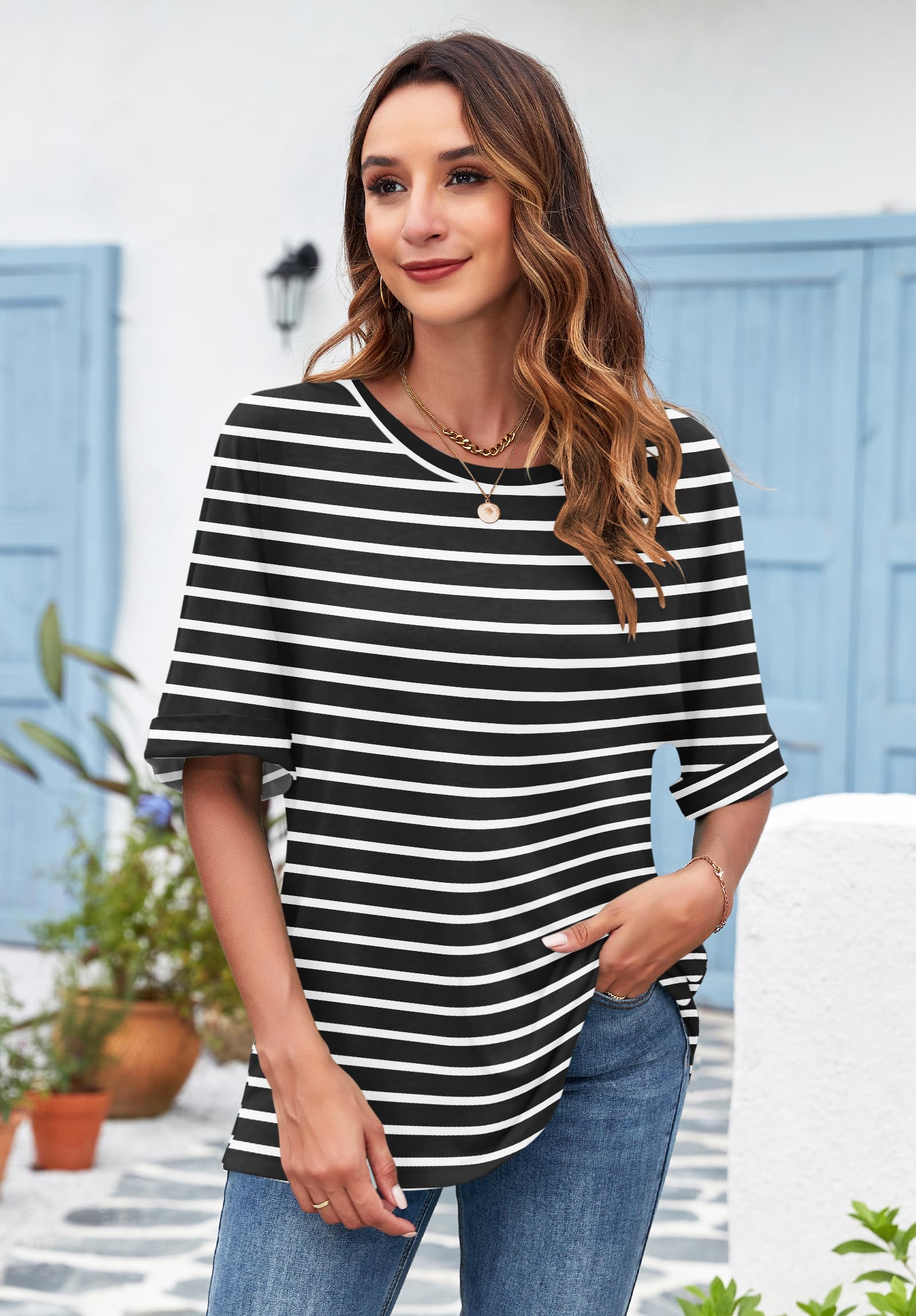 WNEEDU Camisetas Manga Corta Mujer Verano Blusas Cuello Redondo