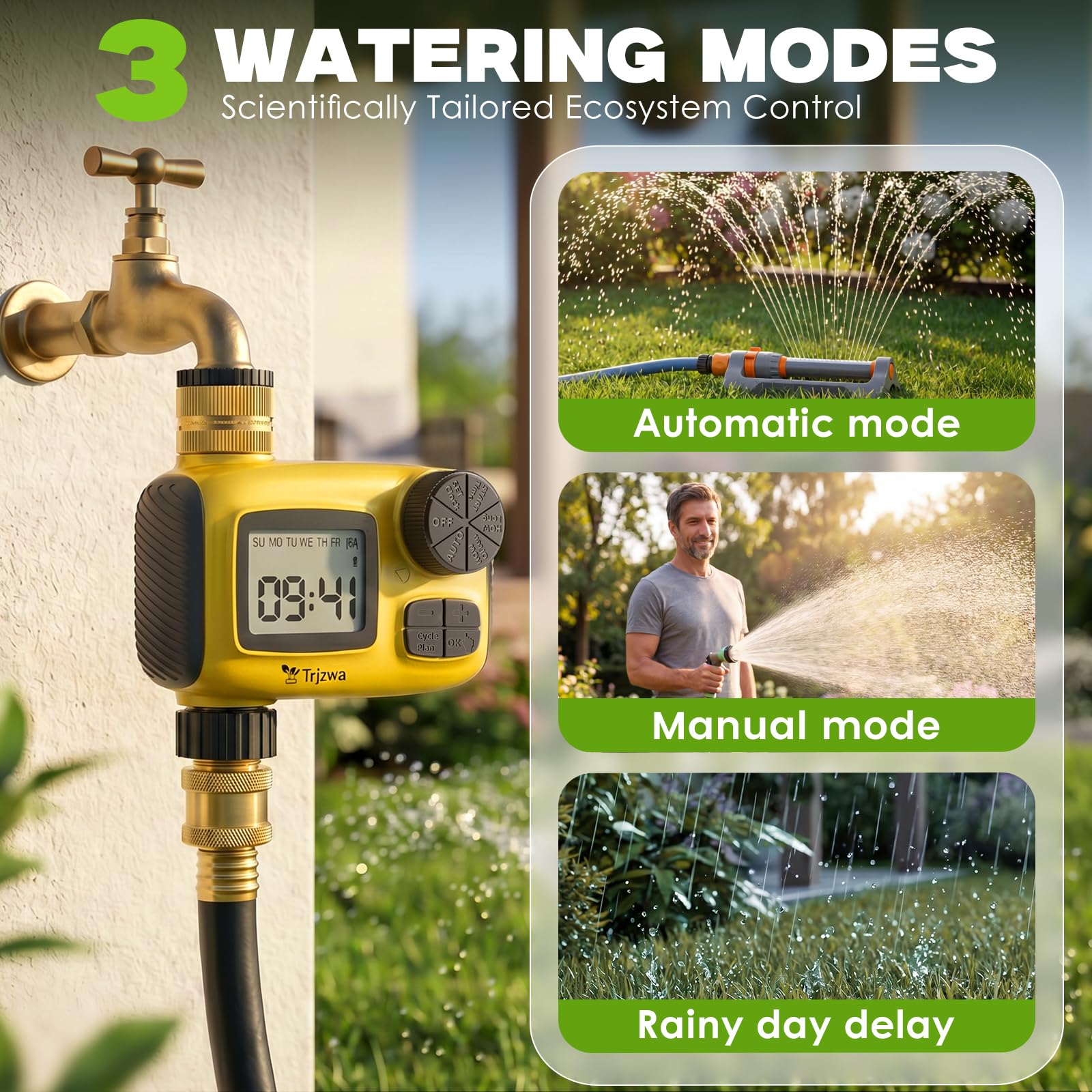 Pantalla LCD Programador de Riego Automático, Sistema de Riego Automático, con 3 Programas de Riego Independientes/Función de Retardo de Lluvia，Apto para Riego Césped/Patios