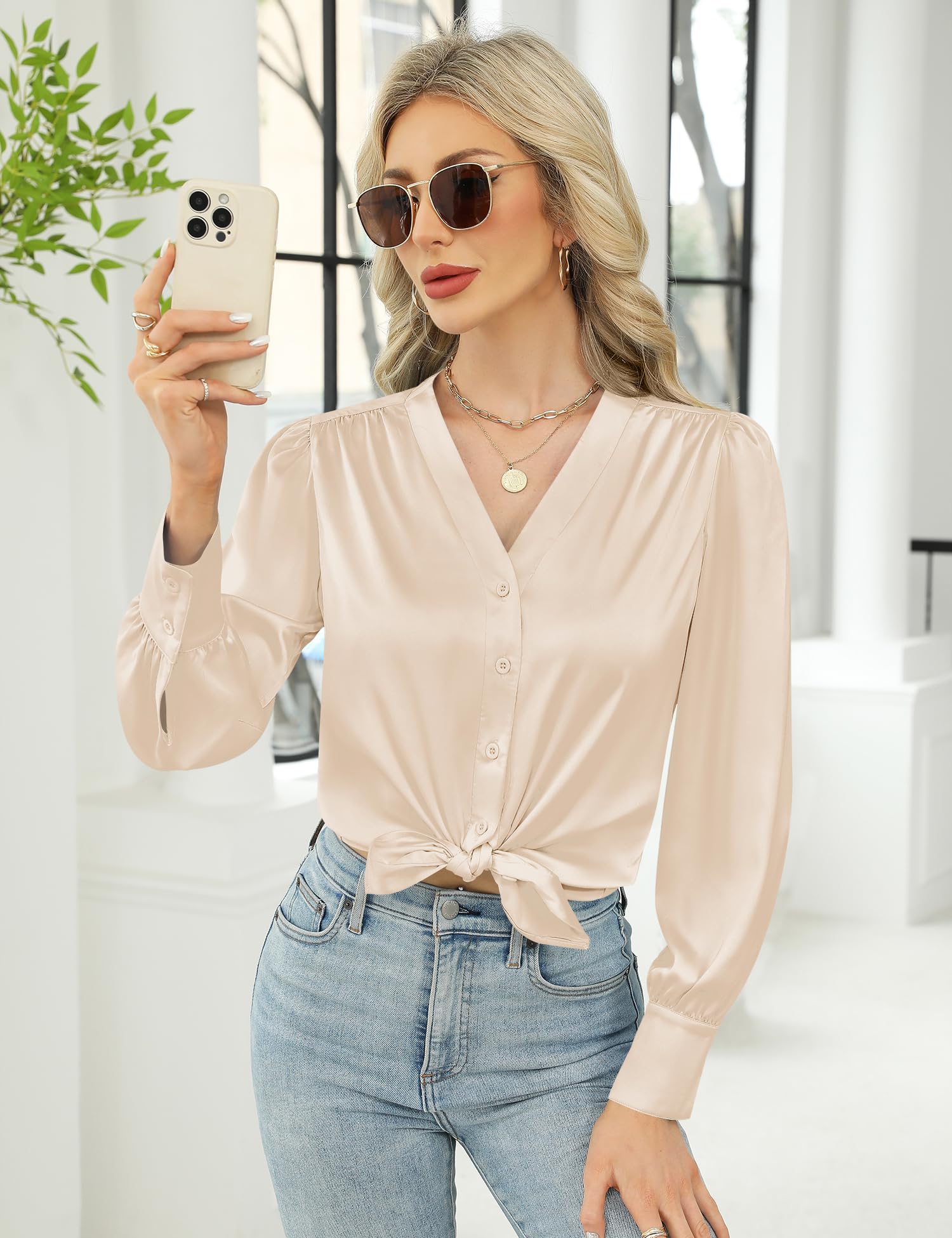Damskie letnie koszule z długim rękawem Slim Shirts jednokolorowe wycięcie w kształcie litery V Basic Shirts Business Button-Down koszule
