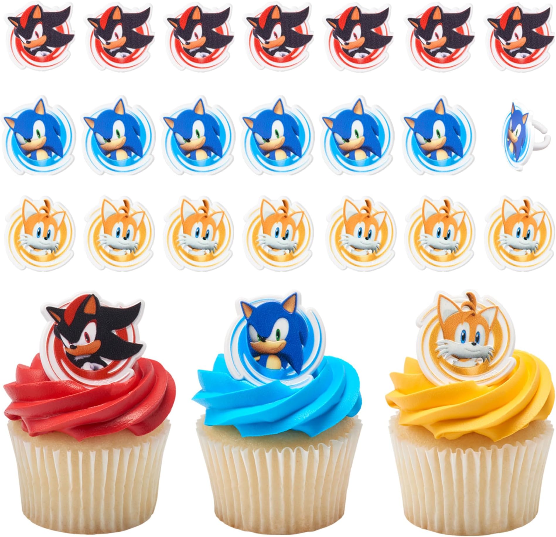 Sonic the Hedgehog Rings, Cupcake Decorations Featuring Sonic, Tails, and Shadow - 24 Pack