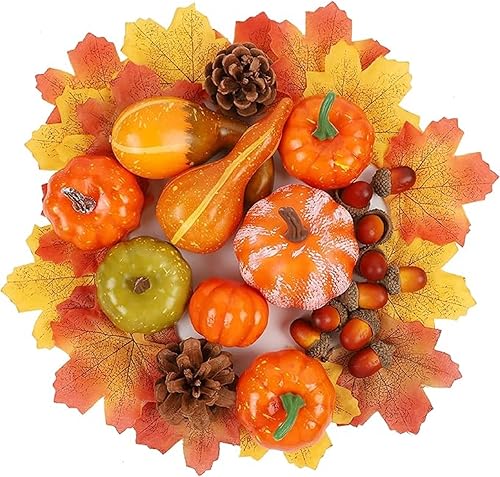 Miniatura 7 de Roowest Juego de 50 piezas de decoración de cosecha de calabazas de otoño, mini calabaza artificial, hojas de otoño, bellotas y 4 piezas de madera