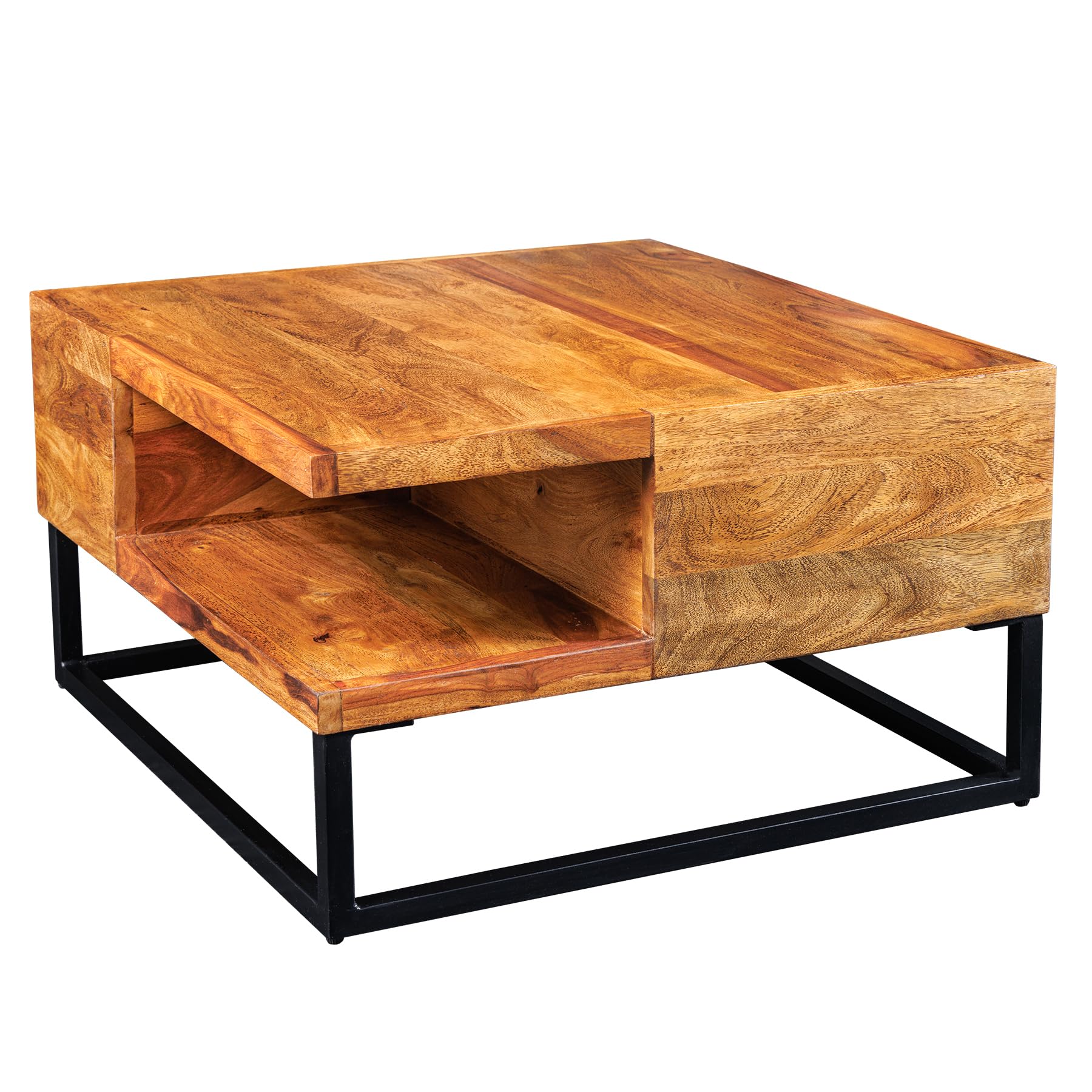 Couchtisch GIANT 60cm - schwarz - Sheeshamholz - handgefertigt Unikat | Massiv, montiert, Stauraum, hochwertig, individuelle Maserung, robust, Industrial Design, Ablagefach, Metallgestell