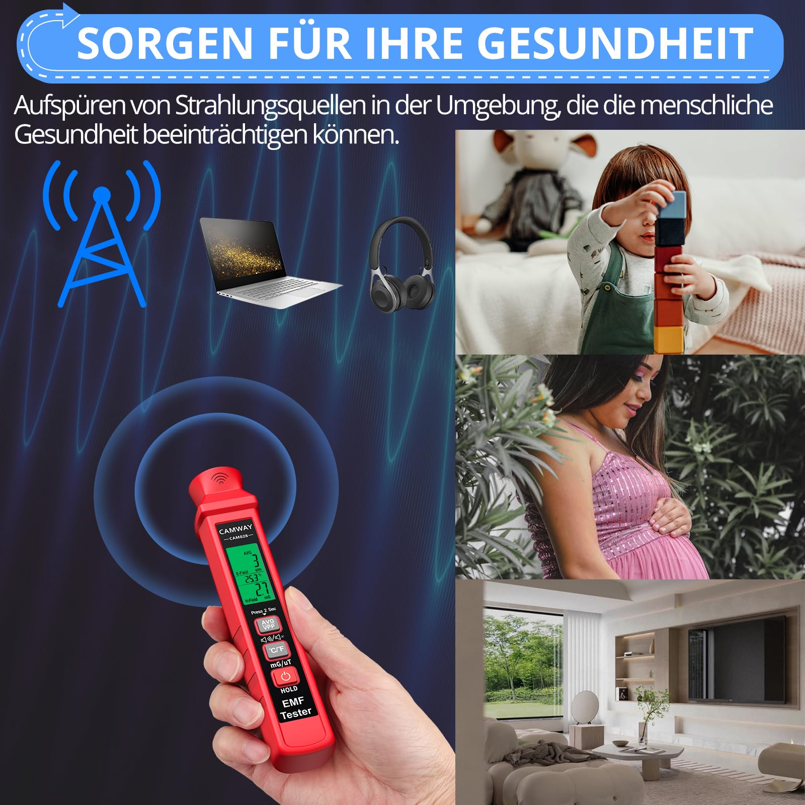 CAMWAY EMF-Messgerät, digitales EMF-Tester LCD Strahlungsdetektor für Elektrisches & Magnetisches Feld, Handheld EMF-Meter mit Dual Alarm