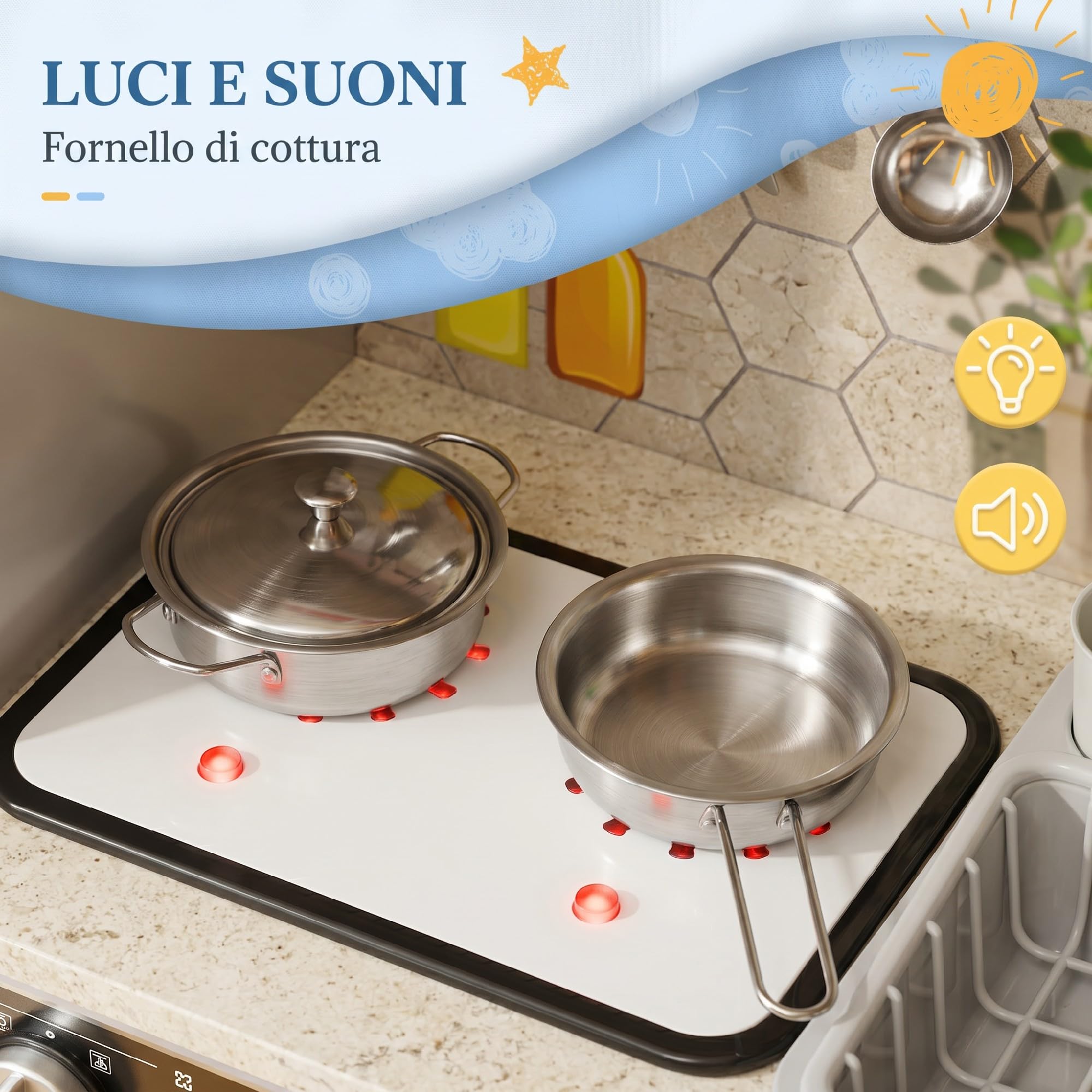 AIYAPLAY Cucina Giocattolo per Bambini in Legno con Fornello, Luci e Suoni, Forno, Microonde, Frigo, Macchina del Ghiaccio, Caffettiera, Lavello con Ricircolo d'Acqua e Accessori, per 3-8 Anni