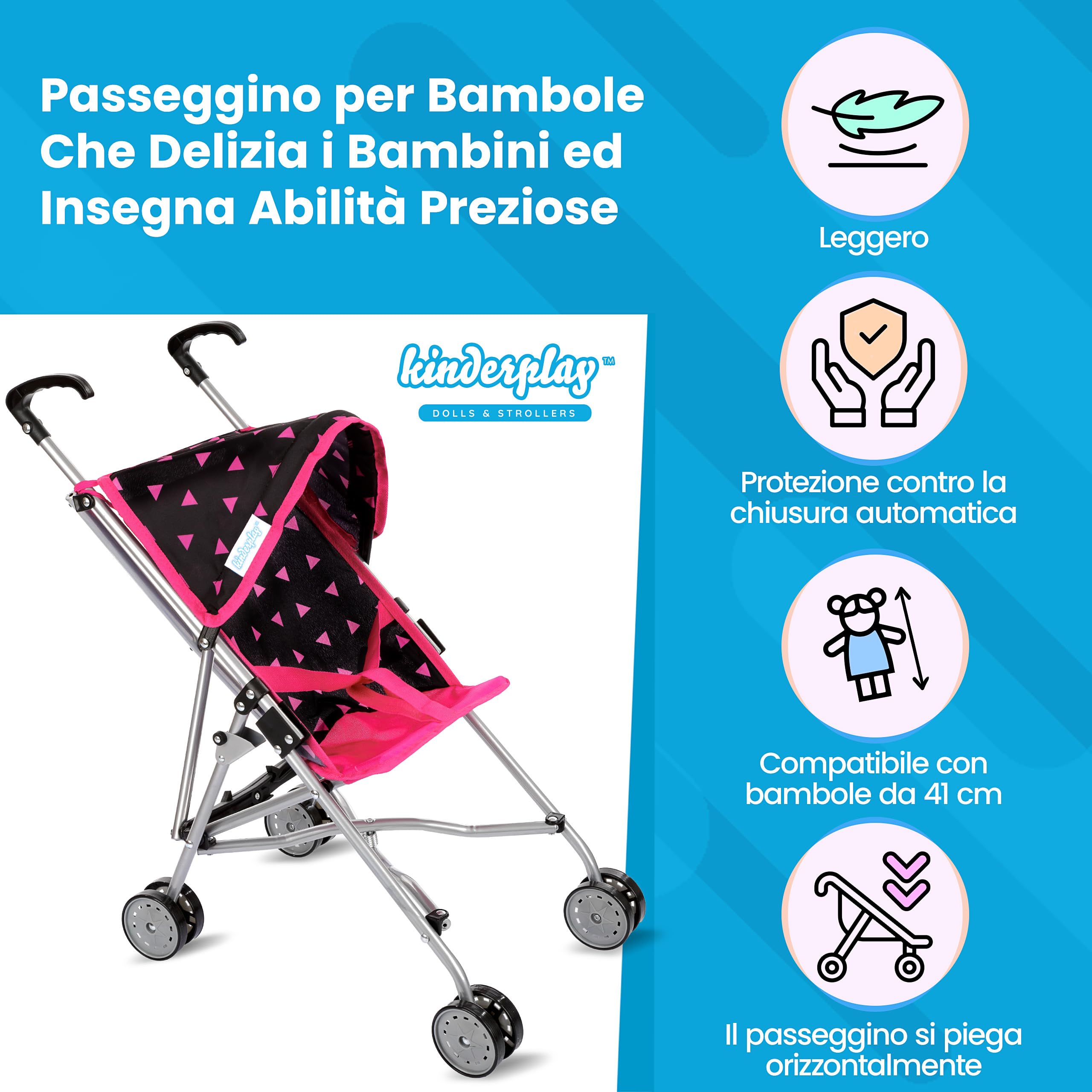 Kinderplay Passeggino per Bambole in Alluminio – Manico 54 cm, Leggero e Pieghevole – Per Bambini 2+ – Ruote Doppie Silenziose e Cintura di Sicurezza