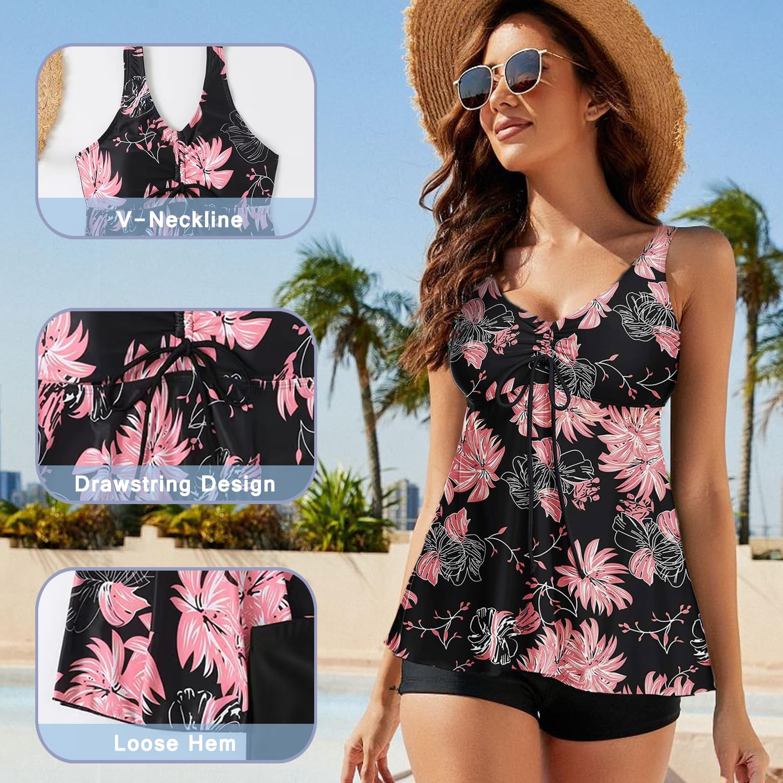 Maillot de Bain Femme 2 Pieces Tankini Imprimé Rembourré Maillot avec Short Débardeur Bikini Beachwear