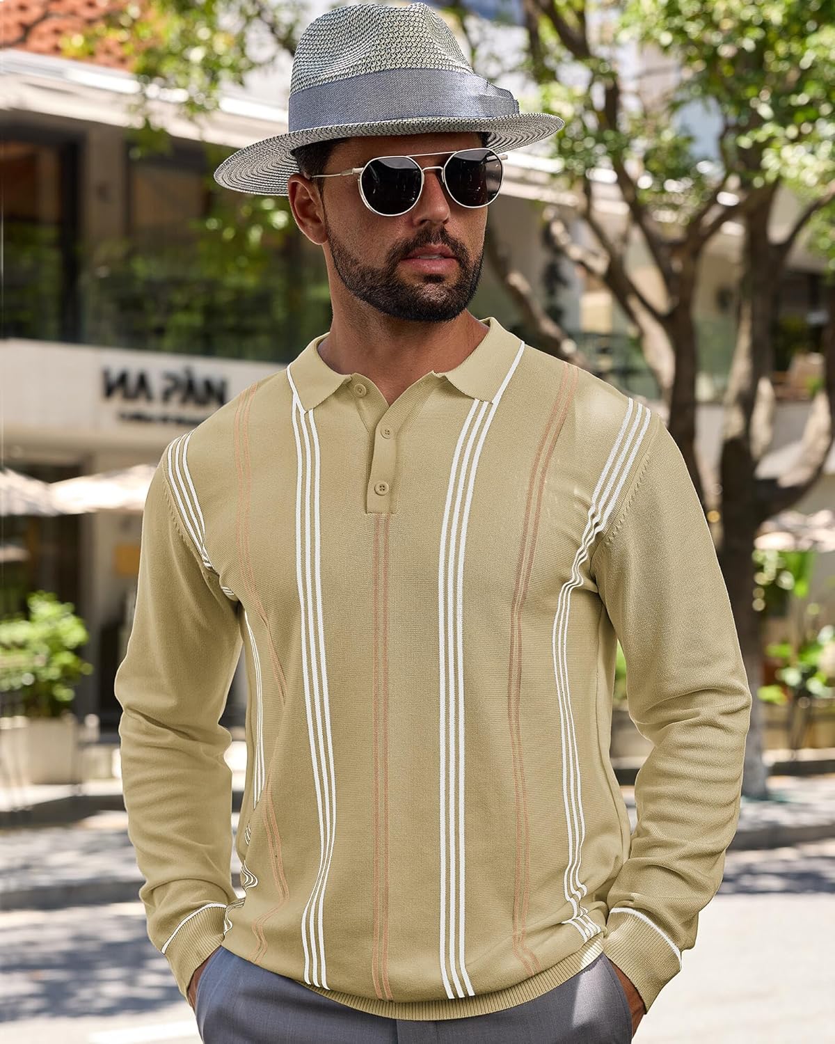 Lexiart Mens Knit Polo Shirt Striped Dressy Thermal Basic Button Collar Long Sleeve Sweater - Image 5