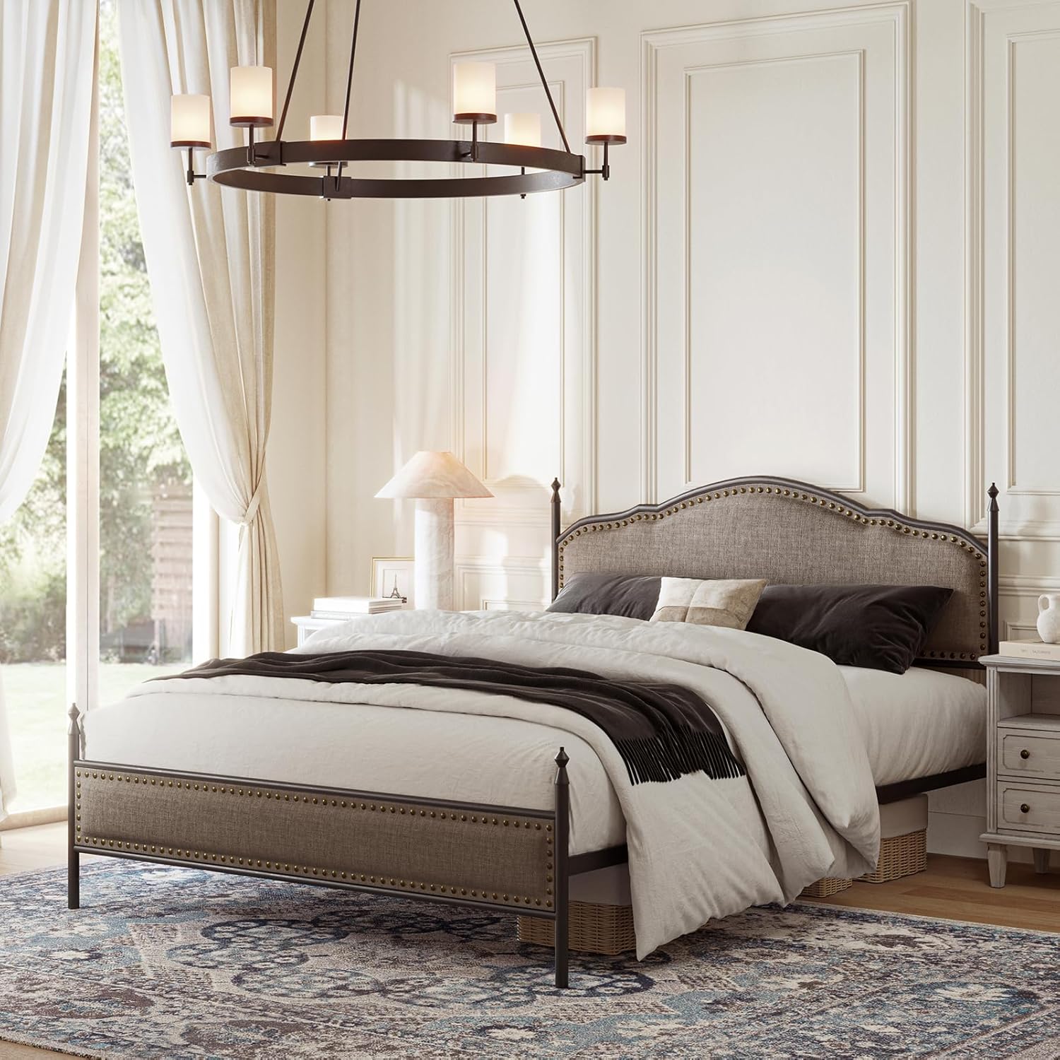 EcoHarbor King Bed Frame with Headboard, Farmhouse Metal Platform Bed Linen Upholstered Bed Frame with Strong Wood Slats Support, No Box Spring Needed/Easy Assembly/Noise Free/Non-Slip (Brown)