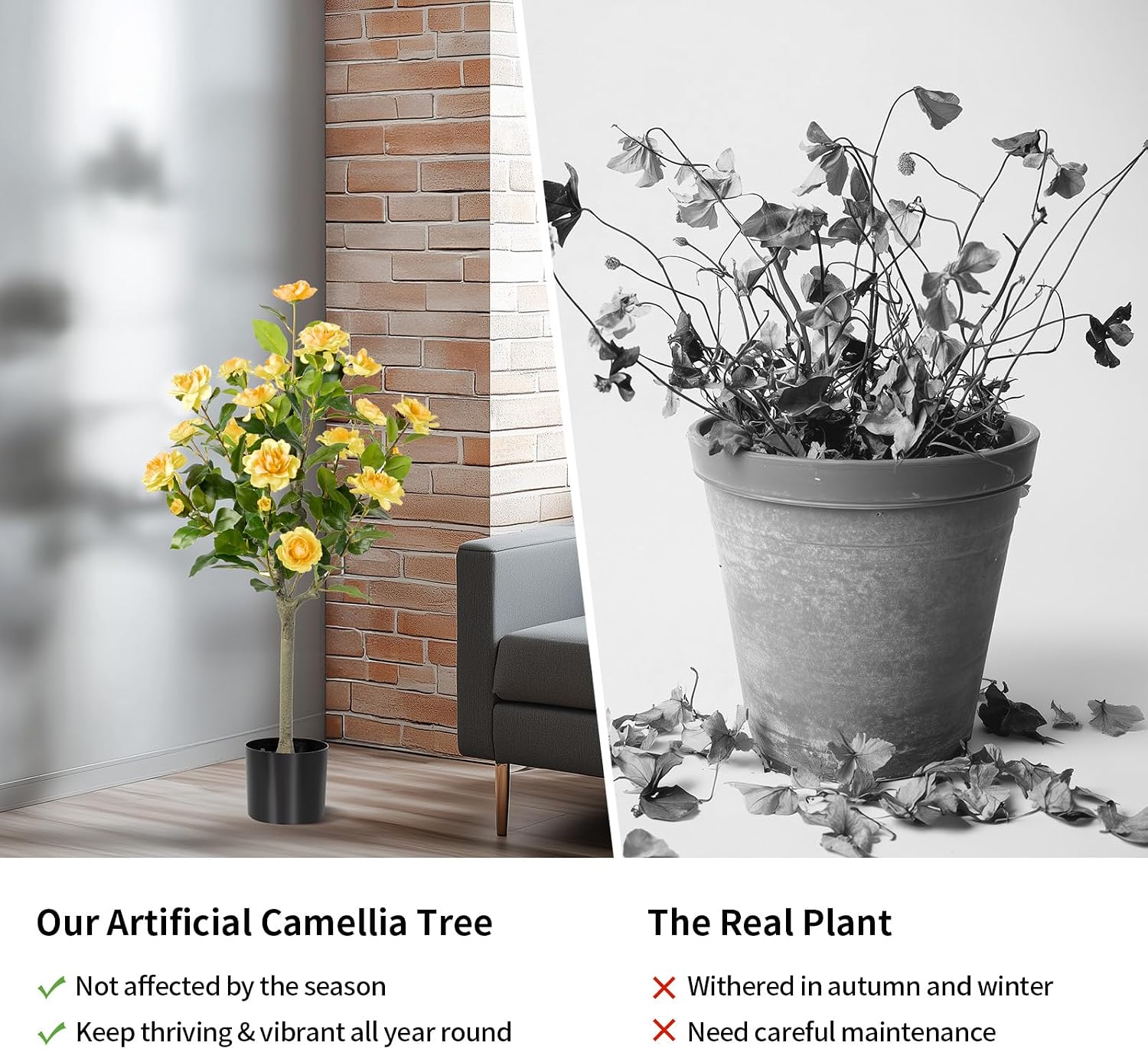 3FT Artificial Camellia Tree 2 Pack, Artificial Plants Outdoor Faux Floral Plant in Cement Pot Fake Silk Camellia Tree Plants for Home House Living Room Office Decor