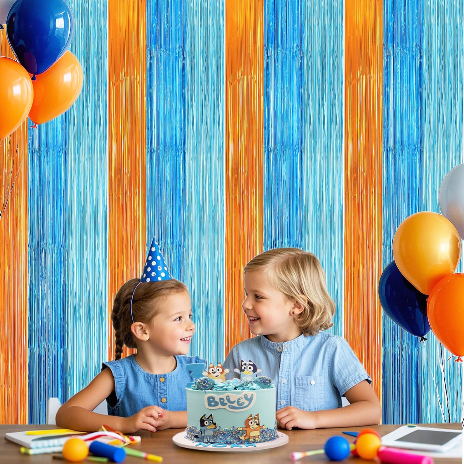 Blue Dog Man Birthday Party Decorations,2 Packs Orange&Blue&Light Blue Foil Fringe Curtains Birthday Party Suppiles, Photo Booth Props for Blue Dog Backdrop Streamers Party Decorations
