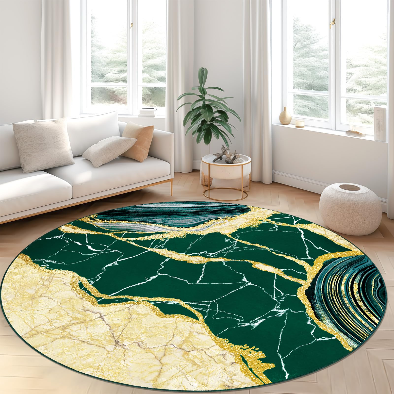 ASPMIZ Marble Round Rug 4ft, Green and Gold Washable Rugs for Living Room, Faux Wool Circle Bedroom Rugs Non Slip, Soft Modern Floor Carpet Low Profile Rug for Dining Room, Kitchen, Home Office Decor