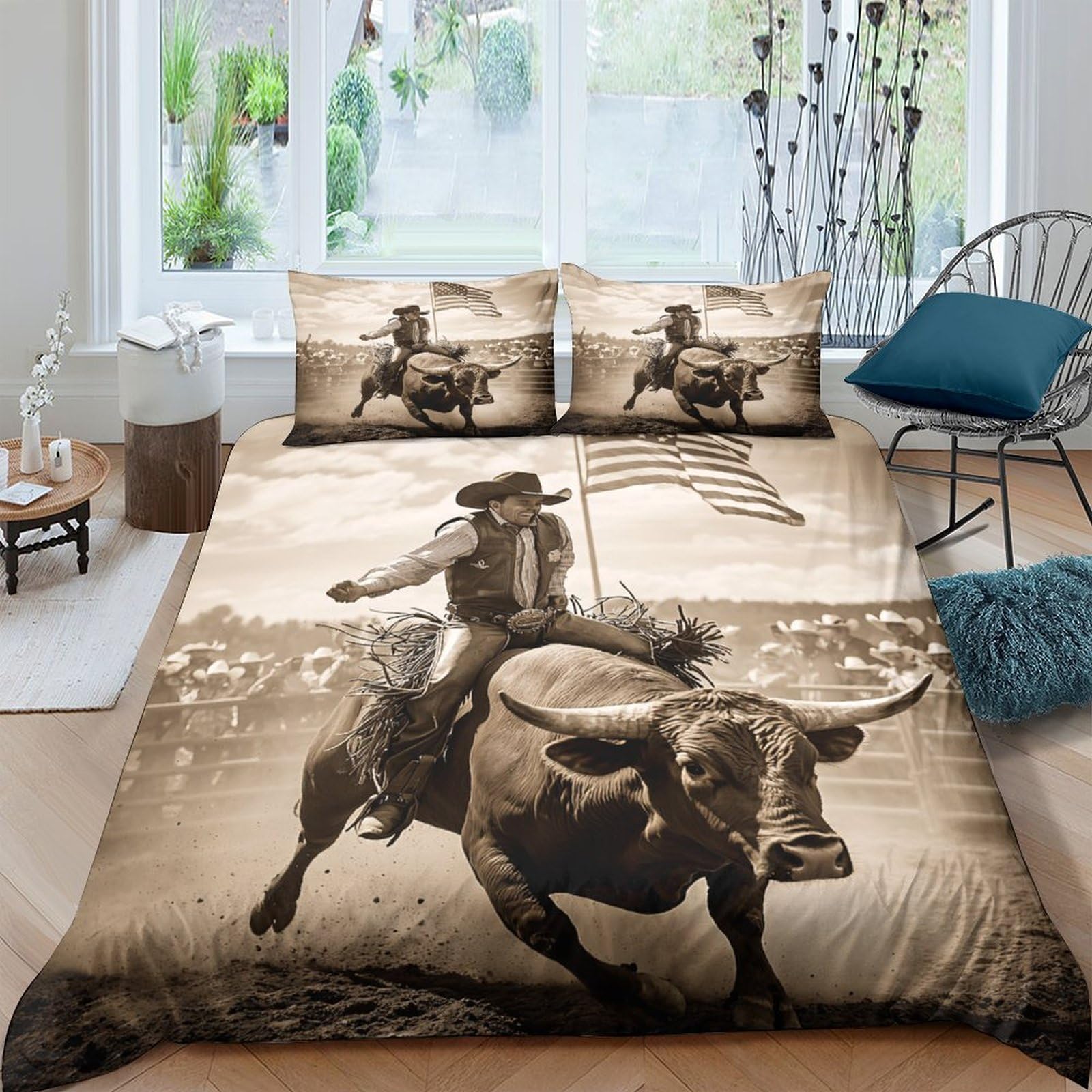 TUFRTGYHN 3D Printed Cowboy Rodeo Duvet Cover Microfiber Soft Breathable Bull Rider Bedding Set with 2 Pillowcases for Bedroom Decor Single（135x200cm）