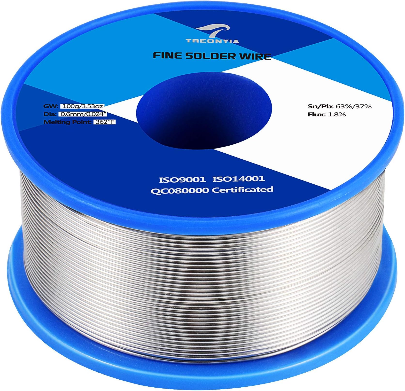 TREONYIA Solder Wire with Rosin Core for Electrical Soldering, Sn63 Pb37, 0.6mm 100g (0.0236’’ 0.22lbs)
