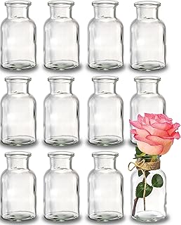 Praknu 12 Mini Glass Vases - 10 cm High - Includes Jute String - Vintage Design - Dreamlike Decoration for Wedding - Dishwasher Safe