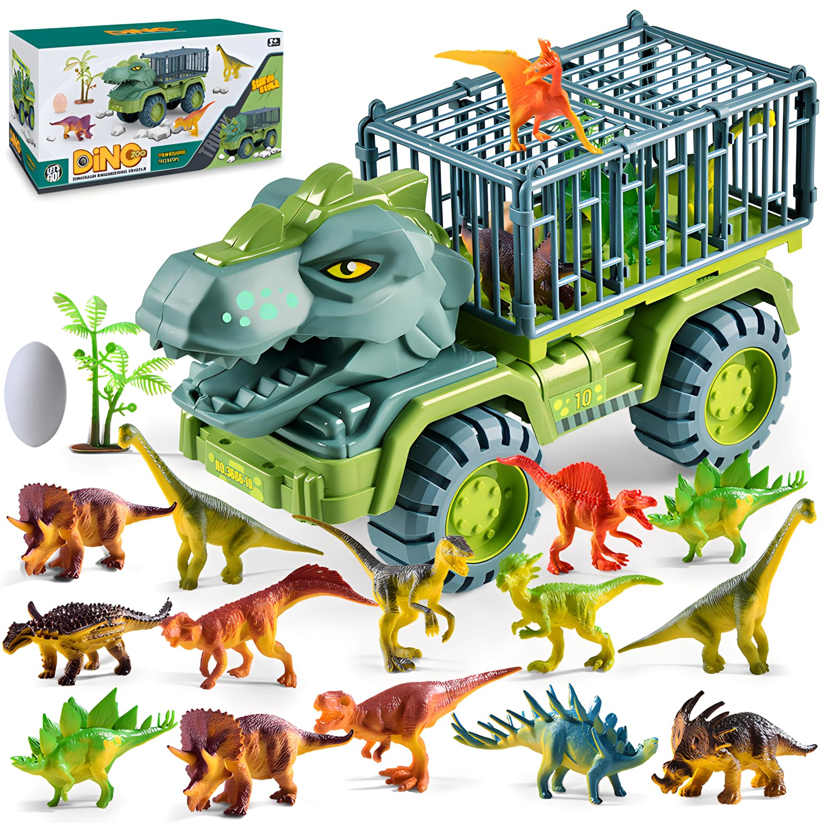 AM ANNA Dinosaur Truck Toy, Tyrannosaurus Dino Truck With Dinosaur Trailer for 3 4 5 6 Year Old Boys Girls with 15 Dino Toys Playset,Dino Car Playset Toys for Kids Boys Grils