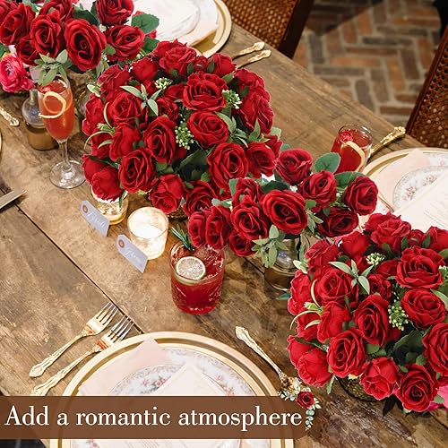 Miniatura 5 de Zeyune 8 ramos de rosas rojas artificiales de 12 pulgadas, 80 cabezas, mini ramos de flores rojas de novia, rosas falsas rojas de seda para el