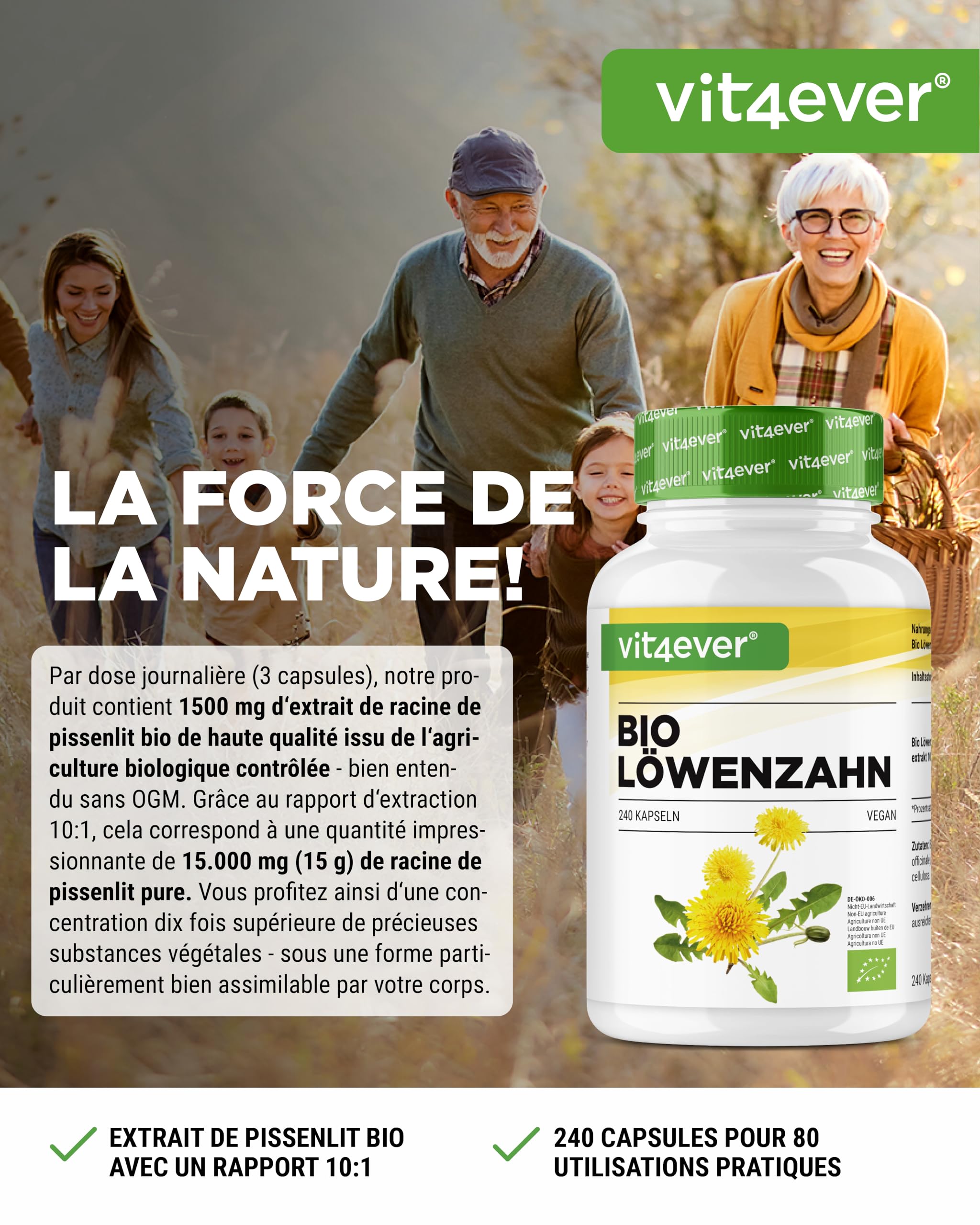Pissenlit bio – 240 gélules – 1500 mg d'extrait de racine de pissenlit - Rapport 10:1 hautement dosé - Extrait véritable de Taraxacum officinale - Sans additifs – Vegan