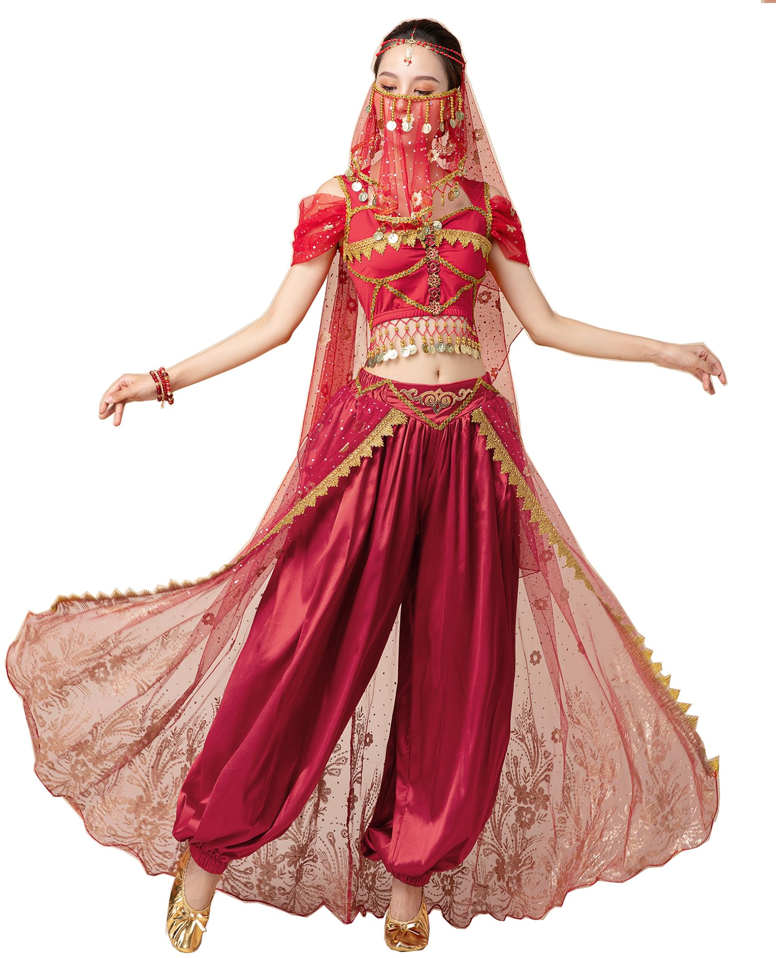 TLMNU Aladdin Halloween costume Princess costume Belly Dance Jasmine Cosplay Outfit Peacock blue wine red