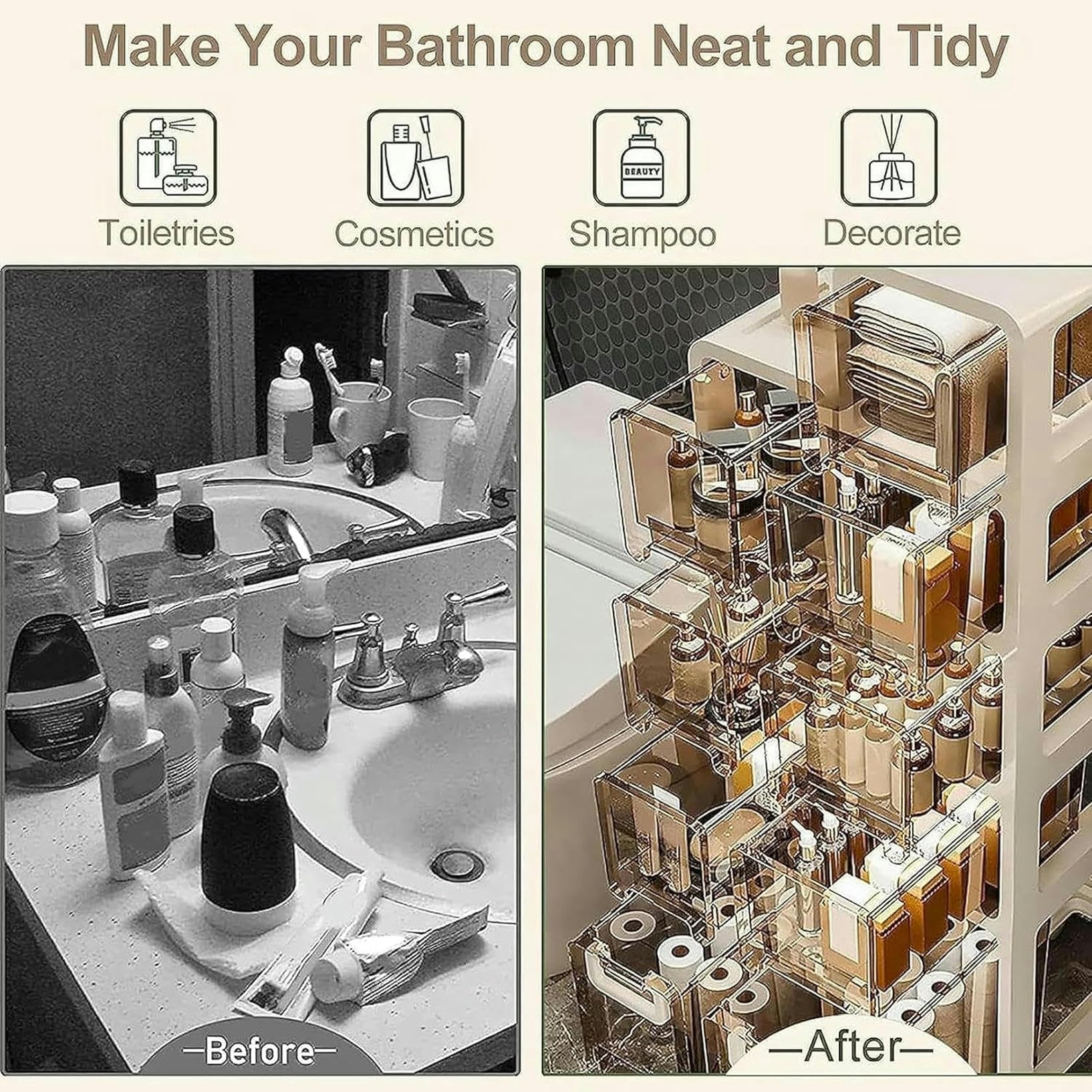 Armadietto da Terra per Bagno con 4 Cassetti e Ruote, Armadietto da Terra ad Angolo di Grande capacità Cassettiera Stretta a Torre Verticale per Bagno, Piccoli Spazi e Spazi, Installazione Libera