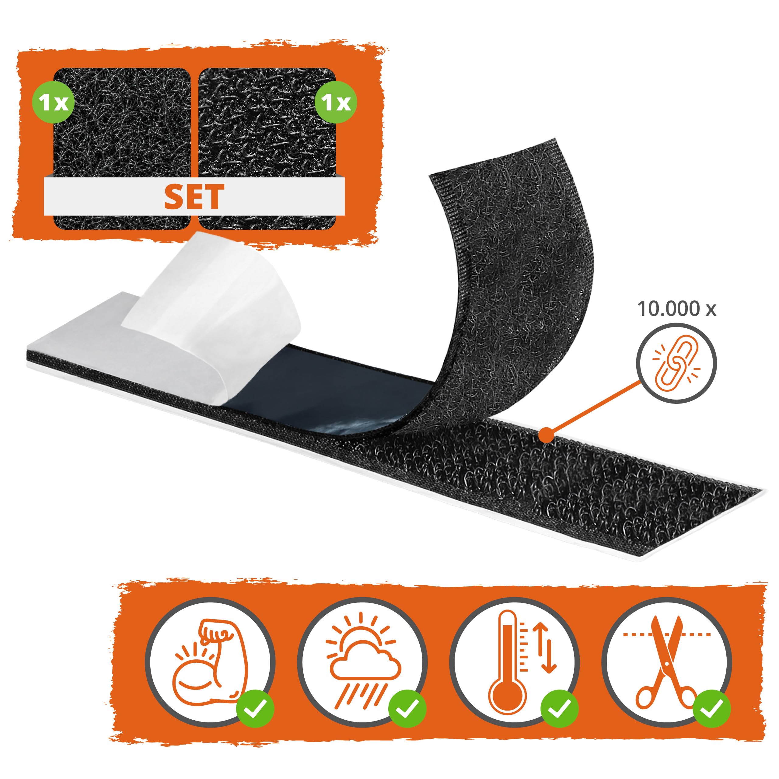 KLEBESHOP24 Cinta de gancho y lazo autoadhesiva para exteriores, hook y loop extra fuerte, con adhesivo de acrilato/negro, 38 mm x 8 m