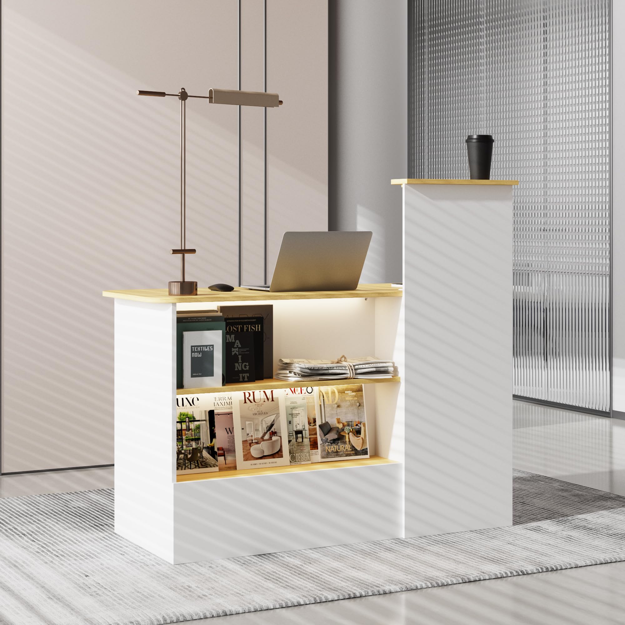 Banco reception, tavolo da reception, bancone con illuminazione a 3 colori, tavolo reception con 1 cassetto e 1 armadio, bancone con area espositiva aperta con 2 scomparti bianco + legno naturale