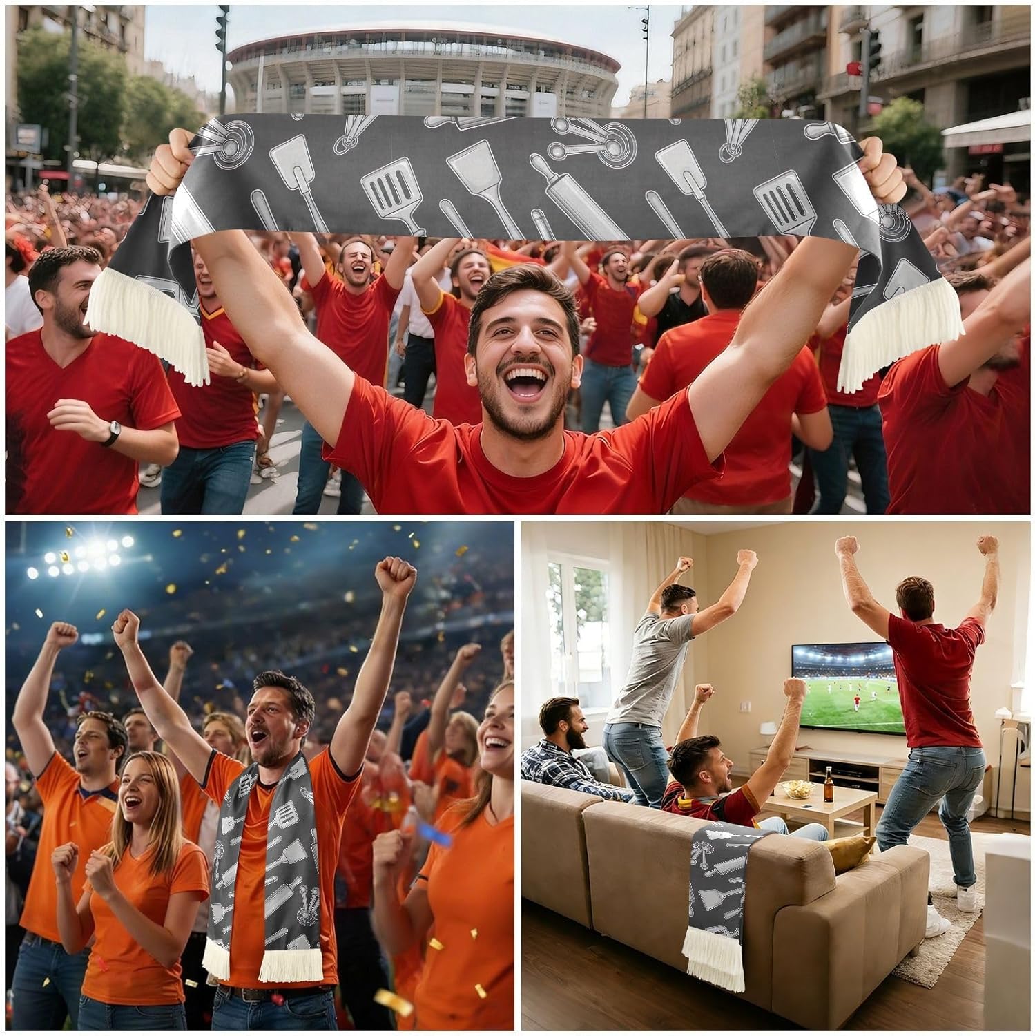 CHIFIGNO Kitchen Tools Black Sports Fan Scarves for Games, Soccer Scarf with Fringe, Soft & Quick Dry Polyester for Sweat Wiping and Cheering