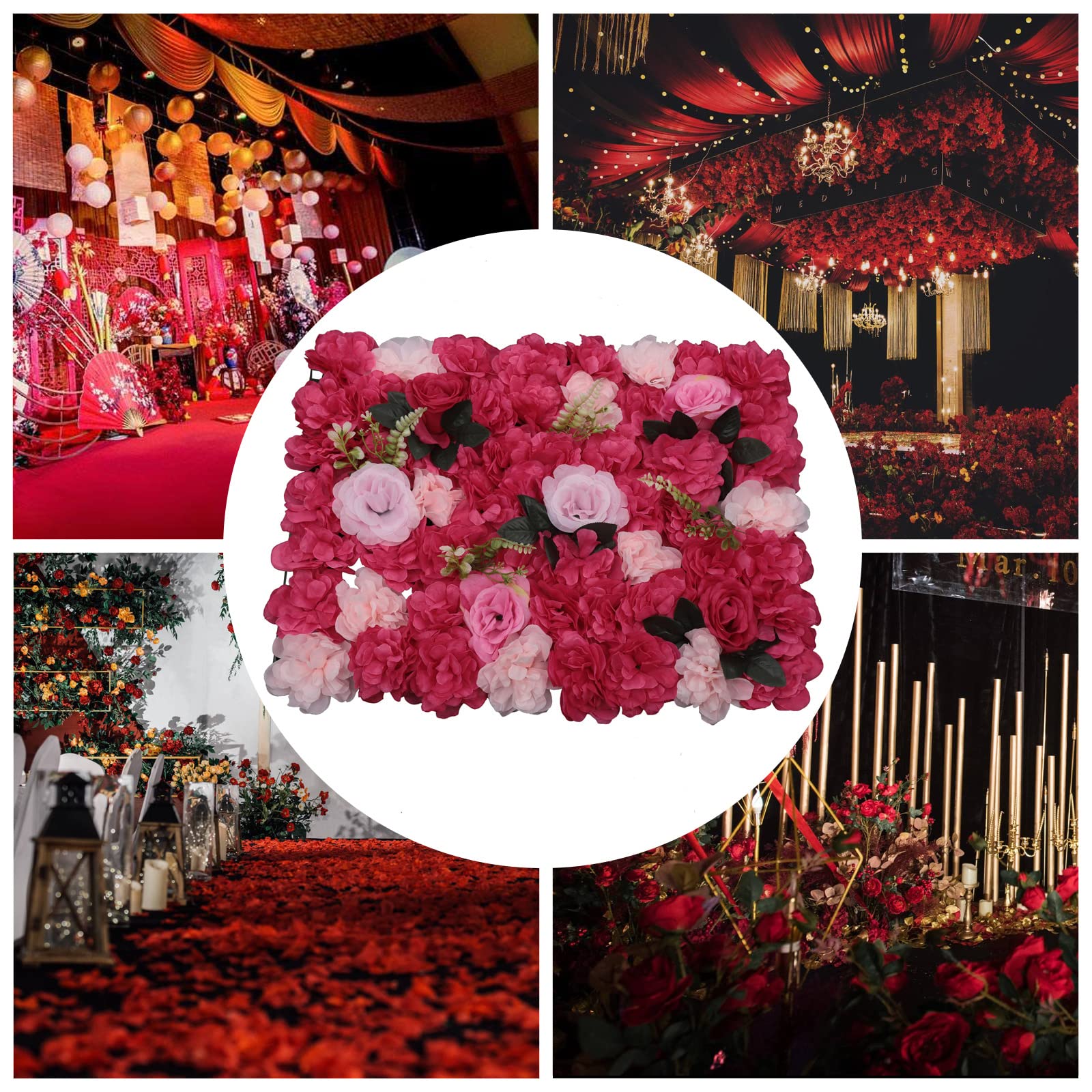 Blumenwand Wandpaneel 12 Stück Blumen Pflanze künstliche Blumenkulisse Rose Panel für DIY Hochzeit Party 60 * 40cm (Rosarot)