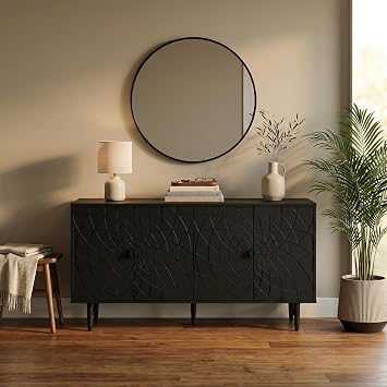 NTC Bloom Solid Wood Sideboard, 4-Door Cabinet with Sculptural Hand-Carved Radial Pattern, Artistic Statement Buffet for Living Room or All Space, Effortless Assembly, Burnt Black
