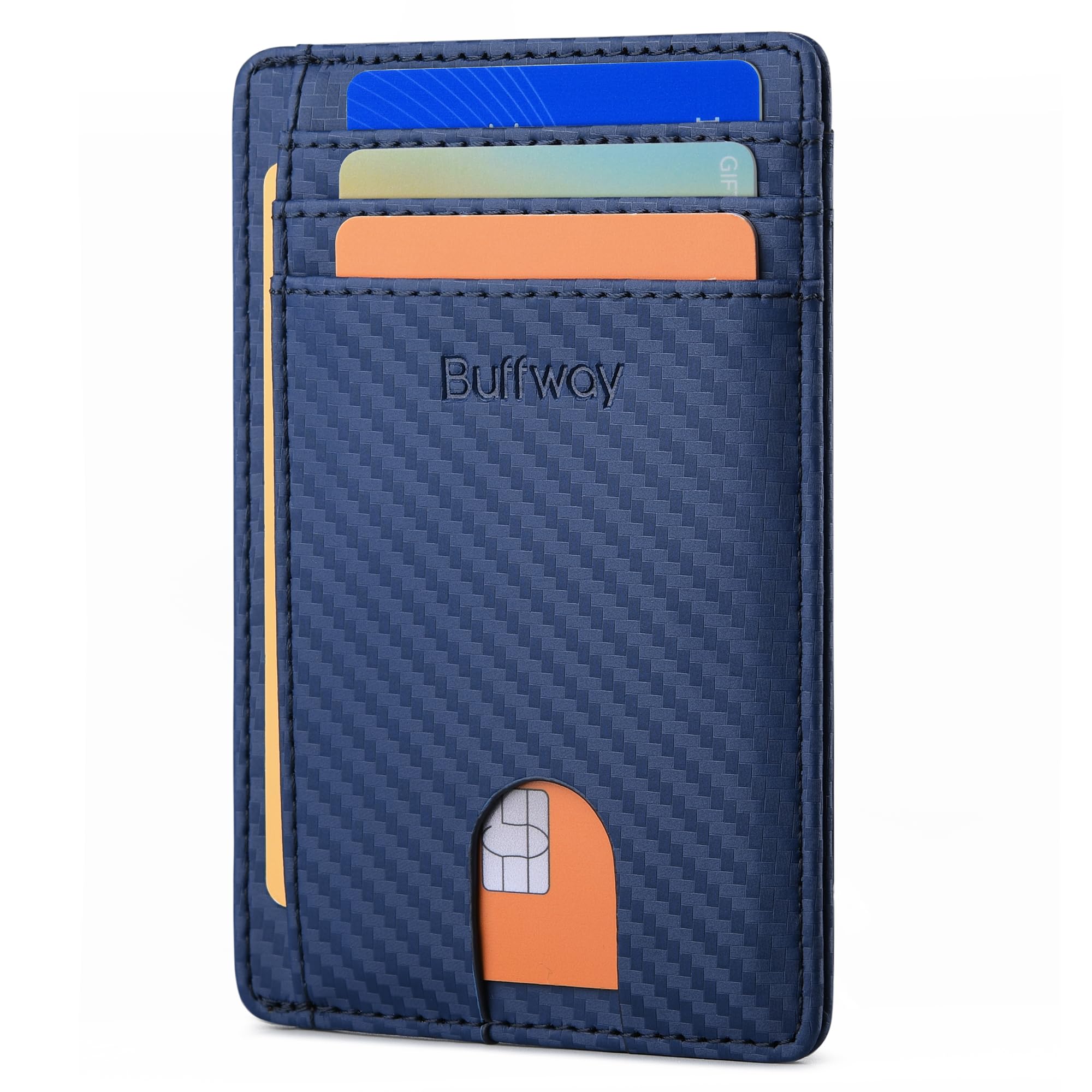 Buffway Slim Minimalist Front Pocket RFID Blocking Leather Wallets for Men and Women - Carbon Fiber Blue