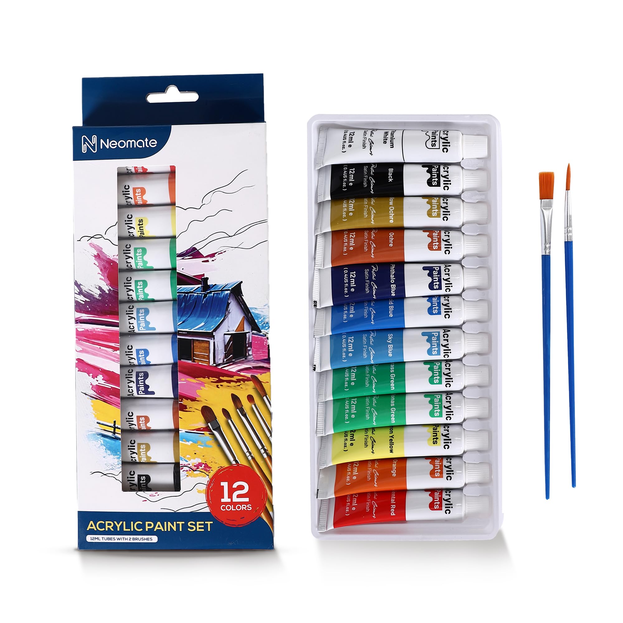 Neomate Acrylic Paint Set – 12 Premium Acrylic Paint Tubes with 2 Brushes – Vibrant, Non-Toxic Pigments for Canvas, Glass, Plastic, Rocks, Arts and Crafts