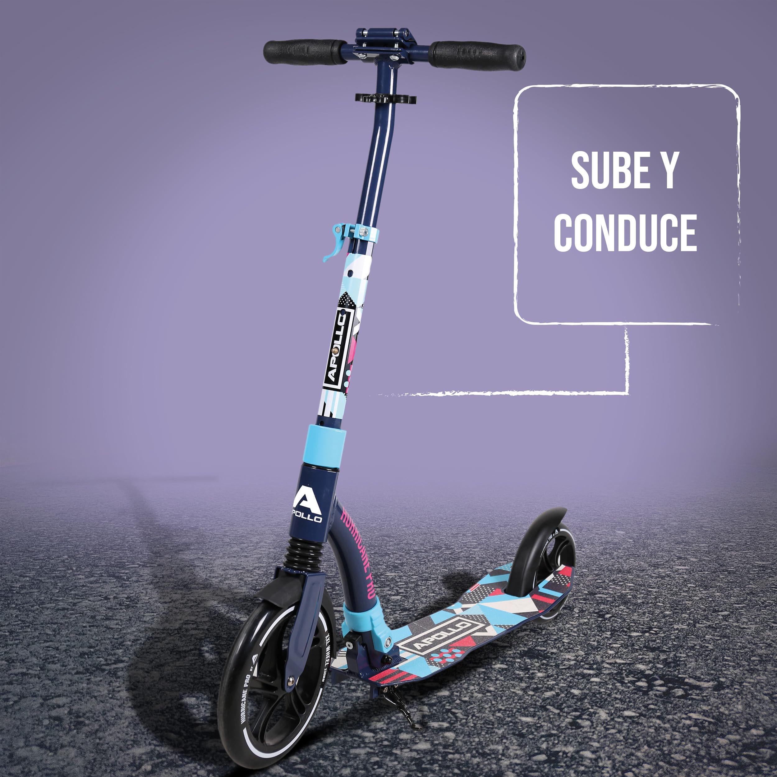 Apollo Scooter - Hurricane City Scooter, 230 mm Giant XXL Wheel con suspensión, City Roller Plegable y Ajustable en Altura, Kick Scooter para Adultos y niños