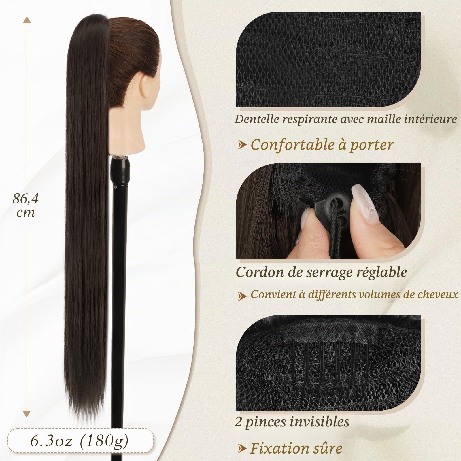 BARSDAR Queue de Cheval Extension avec Cordon, 86cm Longue Raides Queue de Cheval Extension Cheveux Synthétique Faux Ponytail Postiche Clip in Ponytail pour Femmes Quotidienne - Brun Foncé