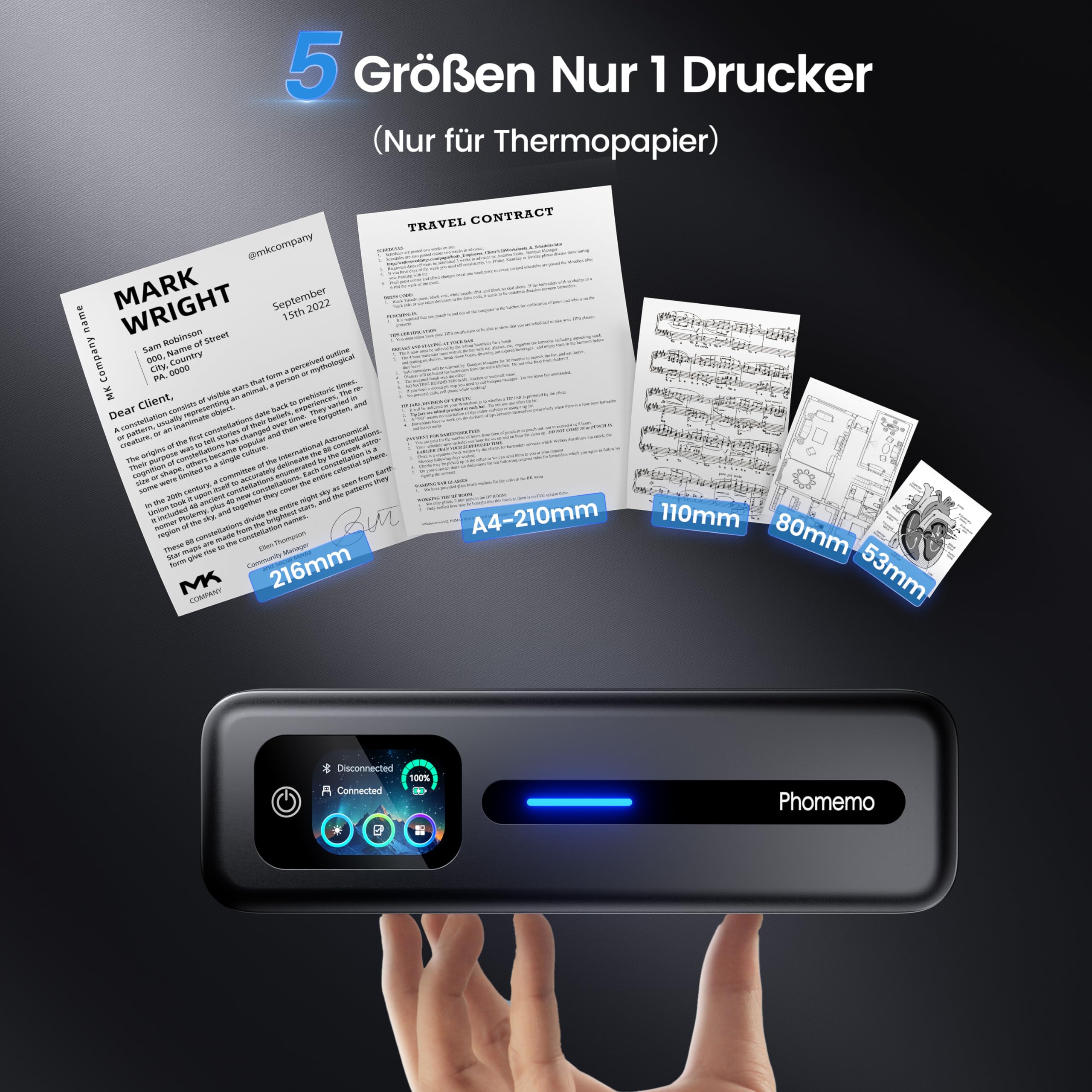 Phomemo M832D Thermodrucker A4, Touchscreen Mobiler Drucker für Zuhause, 300 DPI Thermodrucker Kompatibel mit Android & iOS, Handy & Laptop,Tragbarer Drucker mit Tragetasche und 3 Rollen Thermopapier