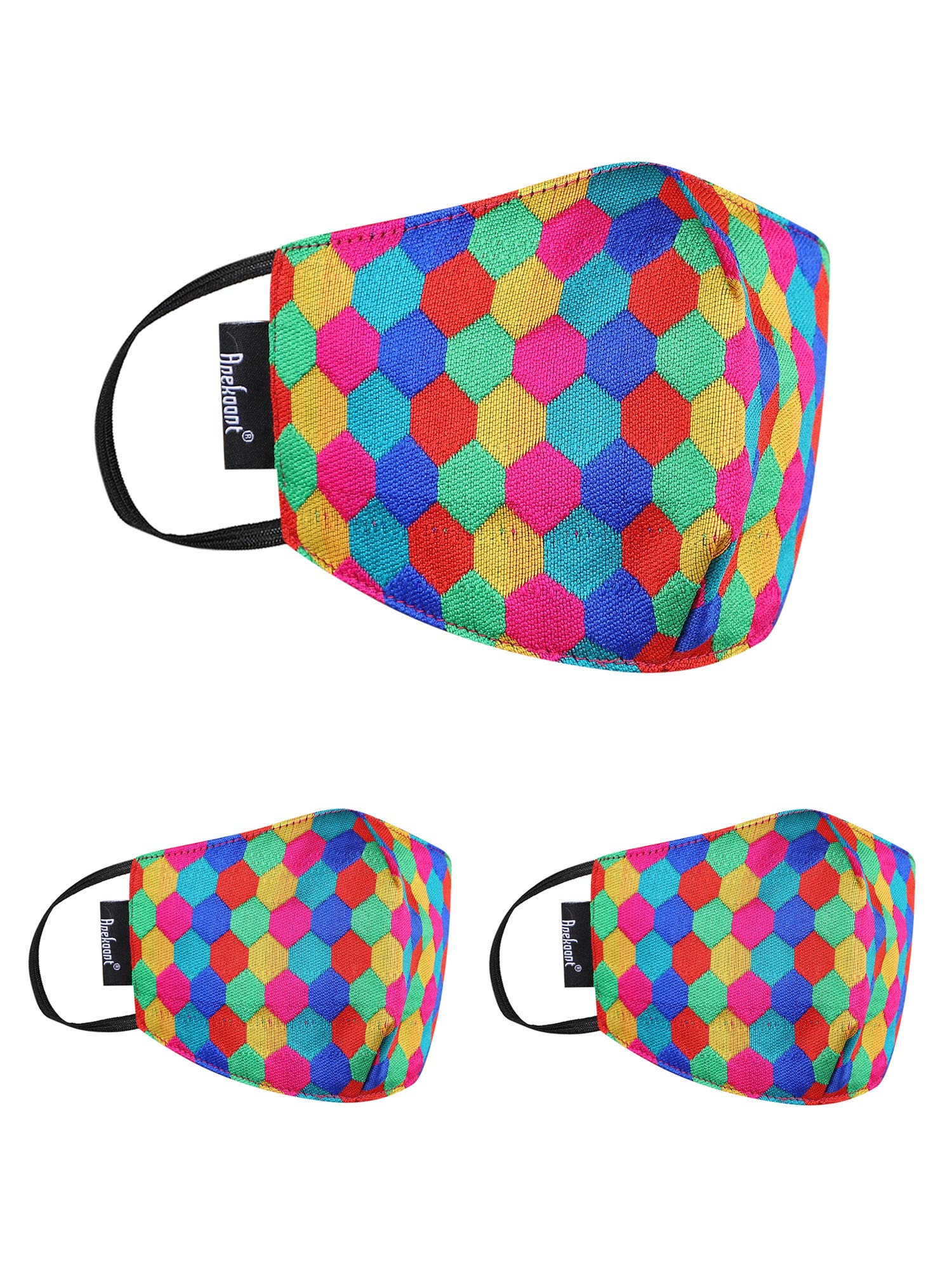 Anekaant3-Ply Multicolor Honeycomb Printed Poly Silk Fabric Fashion Mask Pack of 3