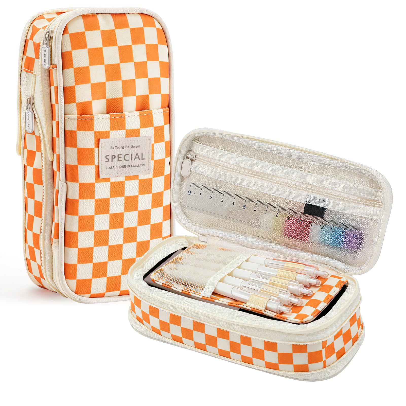 Bigmeta Gingham Expandable Pencil Case for Teens Girls - Orange