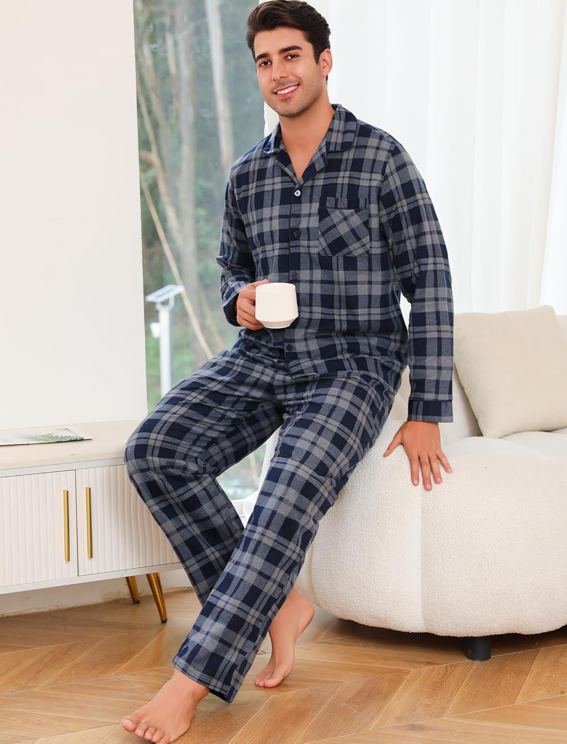 ENJOYNIGHT Mens 100% Cotton Flannel Pajamas Set Plaid Button Pjs Long Sleeve Sleepwear - Image 3