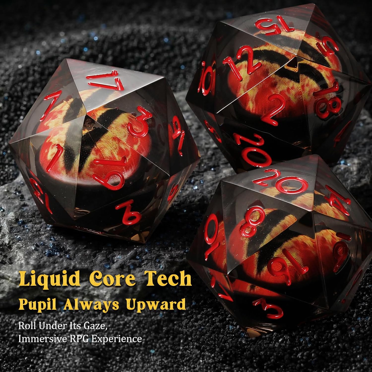 MoKo Liquid Core DND Dice Set 7PCS, Sharp Edge Resin Polyhedral D&D Dice with Gift Box, Compatible with Dungeons and Dragons RPG Role Playing Games, D20 D12 D10 D8 D6 D4 D% (Black + Red)