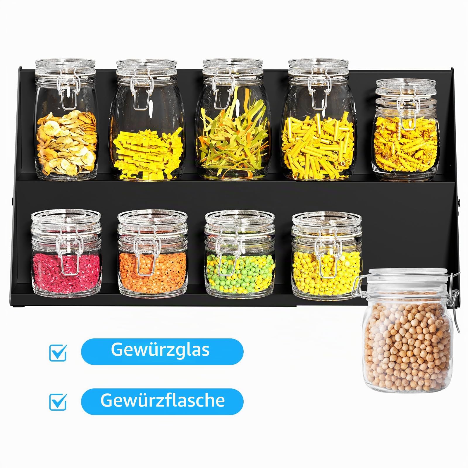 BOIVSHI Platzsparendes 2-in-1-Gewürzregal für den Schrankinnenraum, schwarzer Küchen- und Gewürzorganizer, 3-stufiger Gewürzbehälter-Organizer